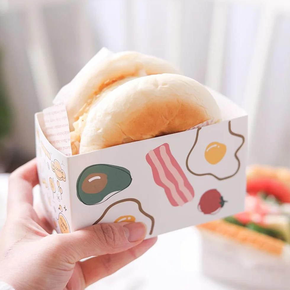 Confezione da 50 contenitori di carta da asporto, mini scatole per hamburger, scatole per sandwich con 50 fogli di carta oleata
