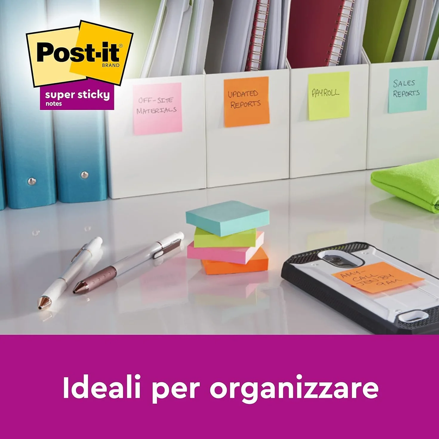 Post-it Super Sticky Foglietti Playful, 12 blocchetti 90 fogli, 47,6 mm x 47,6 mm, Rosso, Arancio, Giallo, Verde, Azzurro, Viola