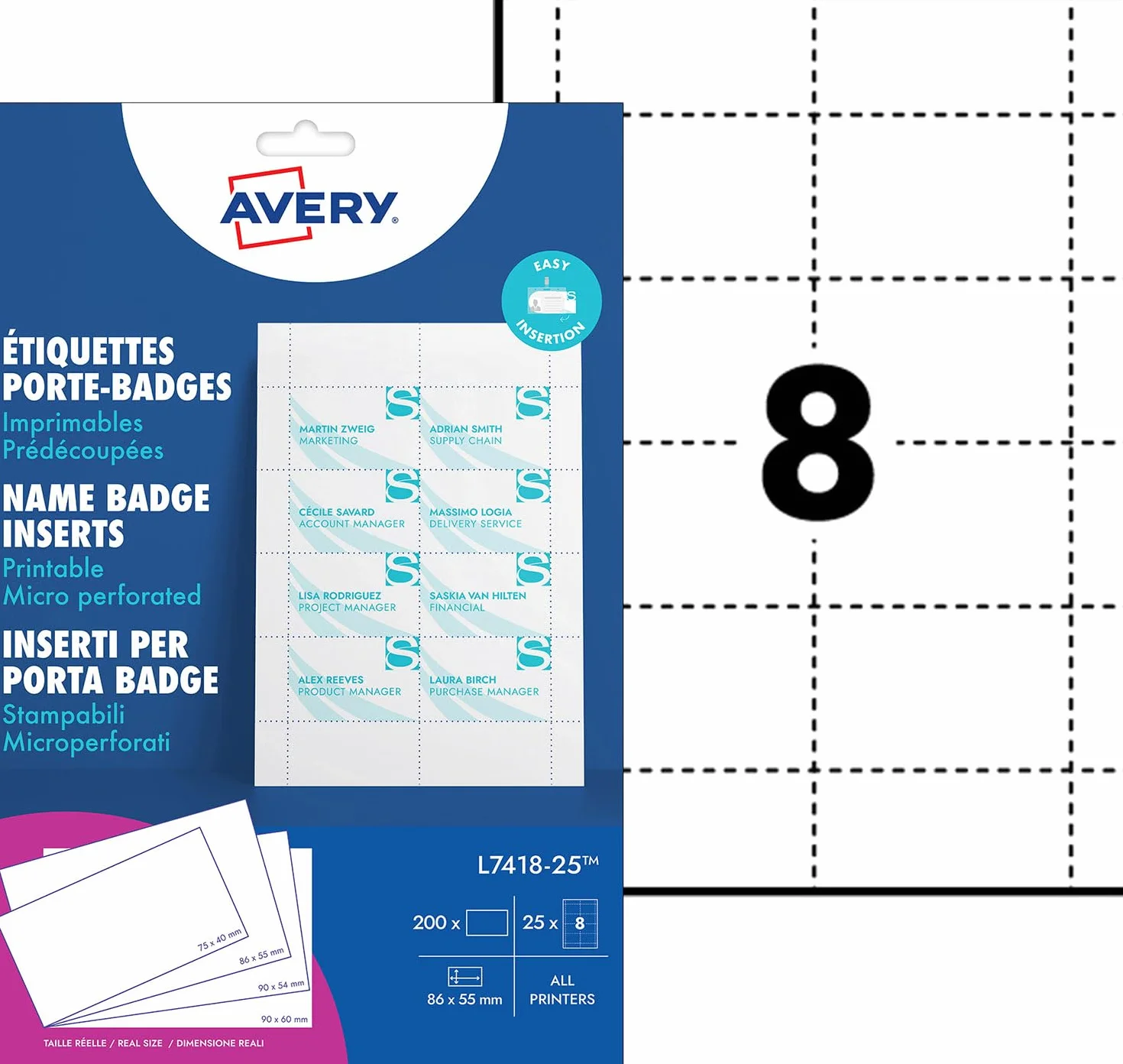 Avery L7418-25 Inserti badge nome stampabili fronte retro 8 per foglio A4