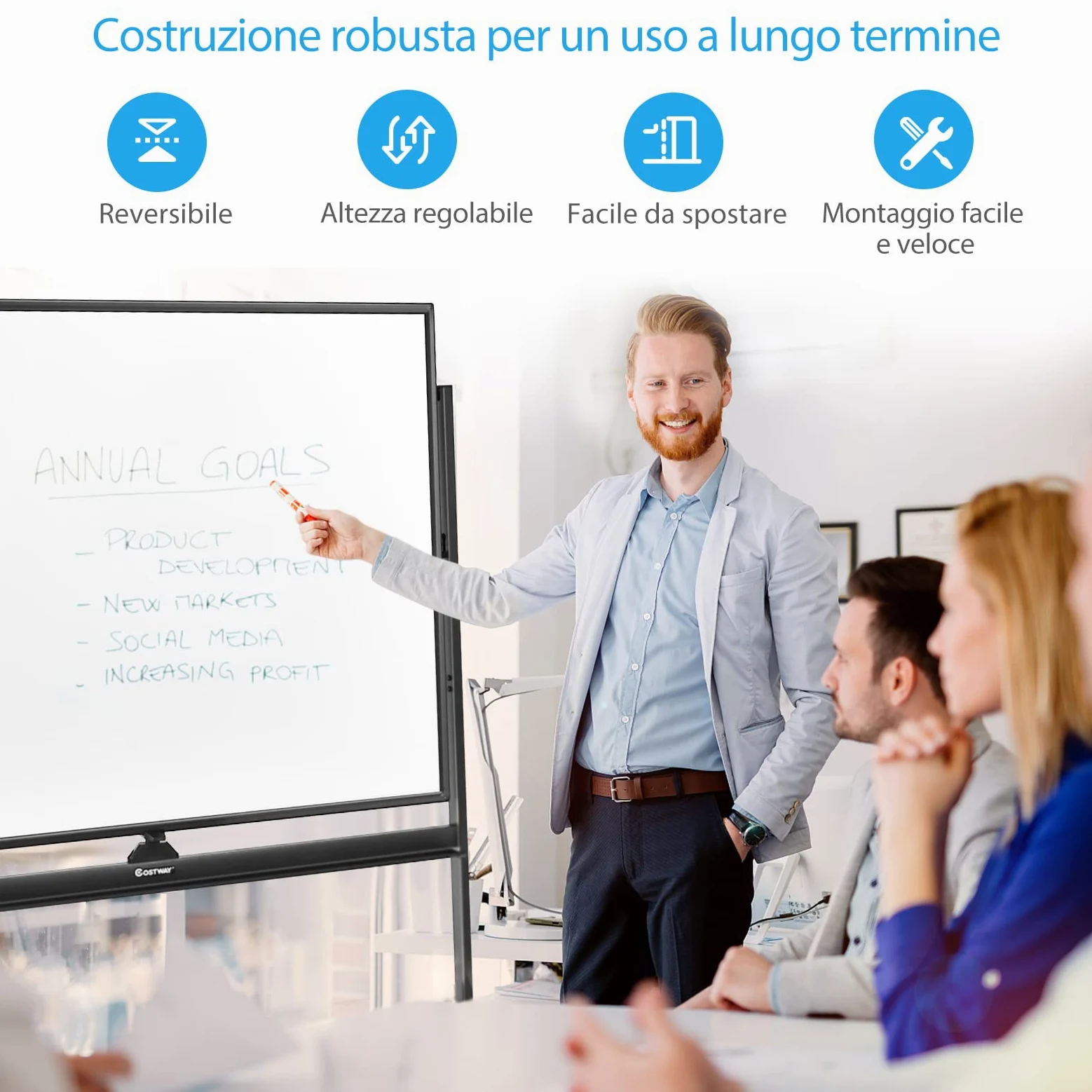 COSTWAY Lavagna Bianca Magnetica Mobile, Lavagna Cancellabile con Altezza Regolabile Girevole a 360°, con 4 Ruote Bloccabili, Doppia Faccia, 90 x 120 cm