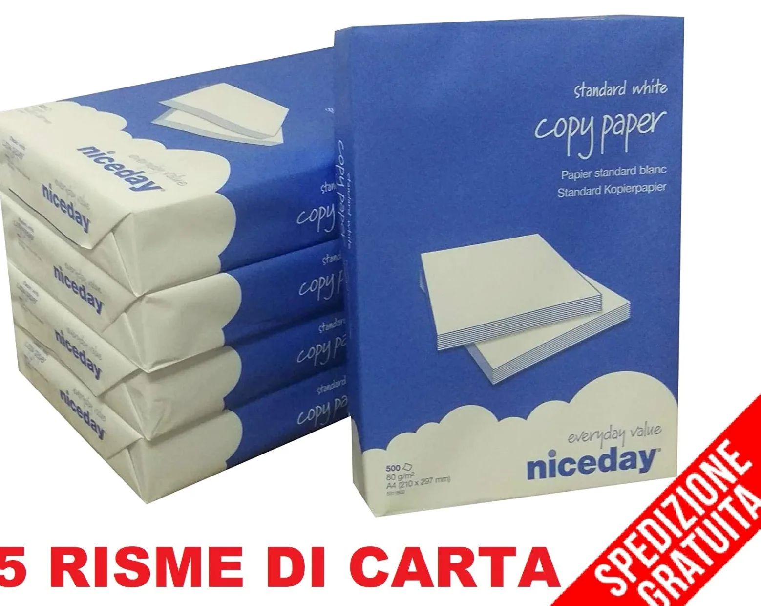 CARTA A4 80 GRAMMI ULTRA BIANCA STAMPANTE FOTOCOPIE 5 RISME DA 500 FOGLI