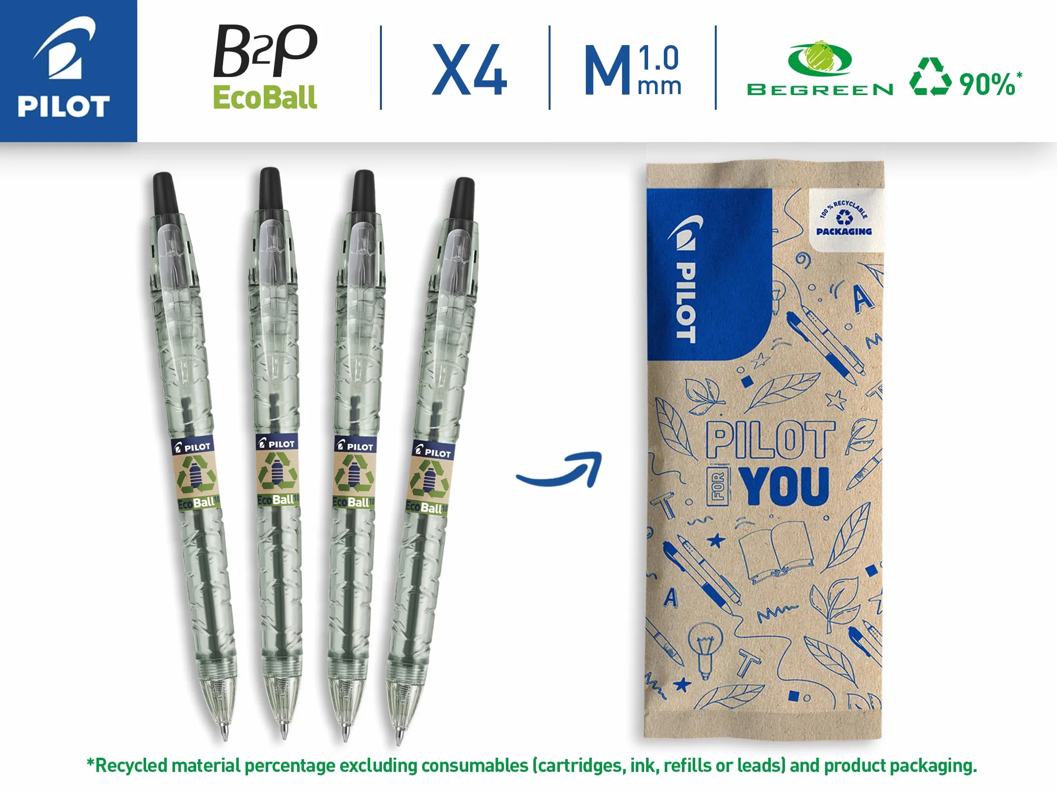 Pilot B2P Ecoball Penna a Scatto Ecologica 86% Plastica Riciclata Confezione da 4 Punta Media Nero Blu Rosso Verde