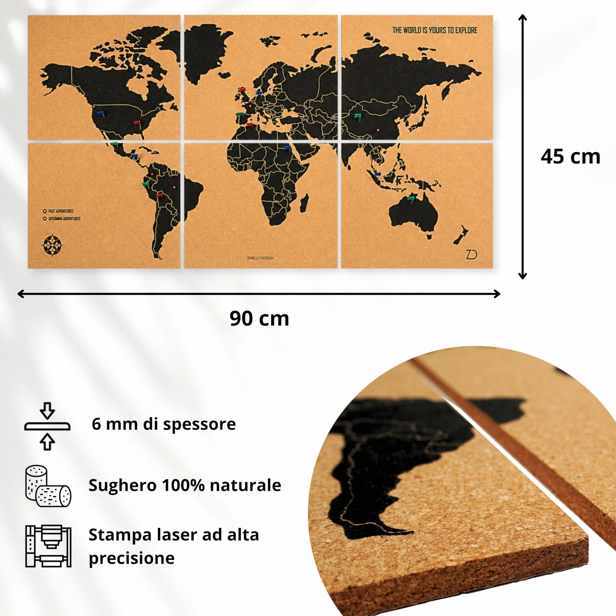 Mappamondo da Parete 90x45 cm – 6 Pannelli Autoadesivi in Sughero – Mappa del Mondo con Puntine – Planisfero Segna Viaggi – 60 Puntine Incluse