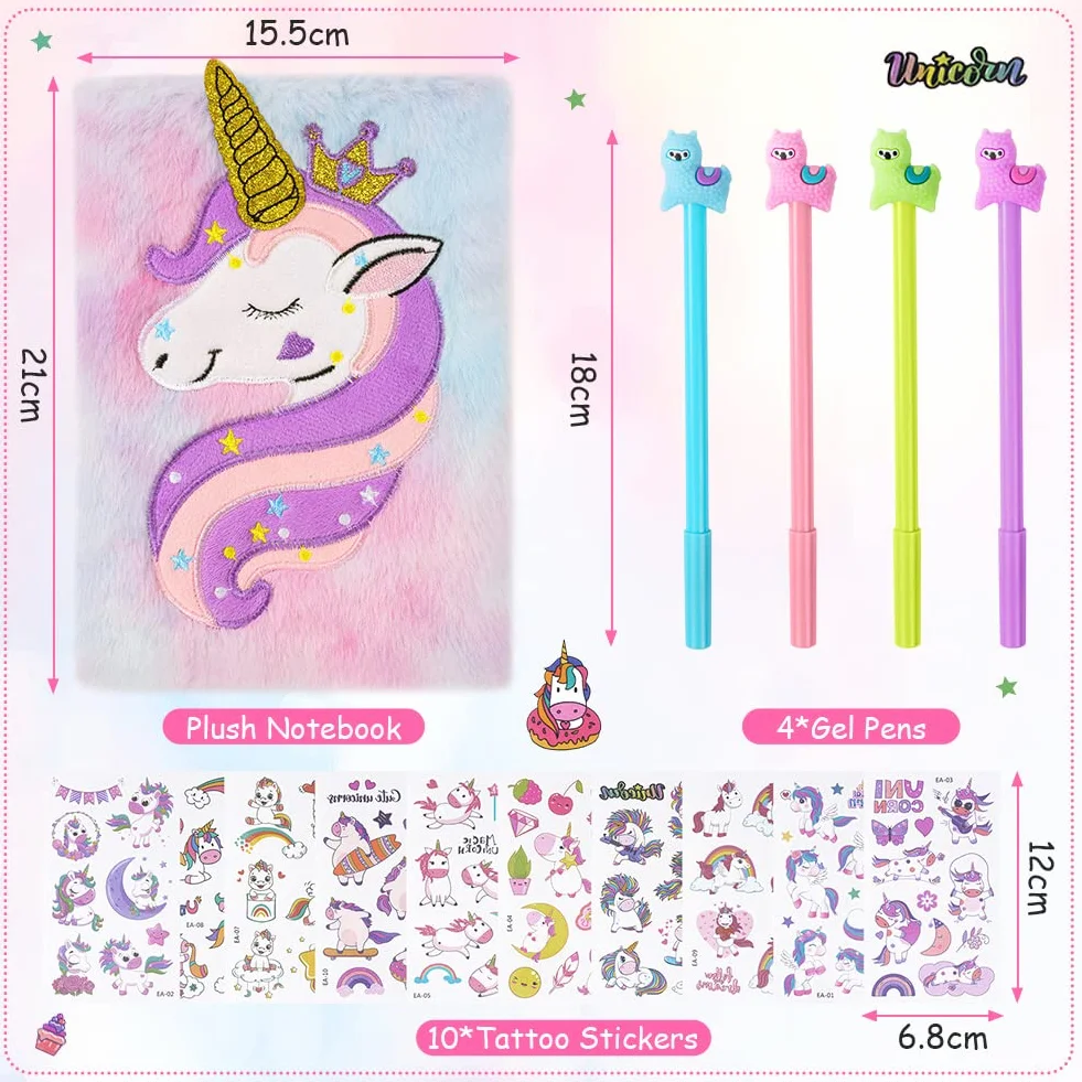OFFCUP Quaderno Peluche Unicorno Diario Segreto Set Cancelleria Bambina Regalo 4 Penne Gel 10 Adesivi
