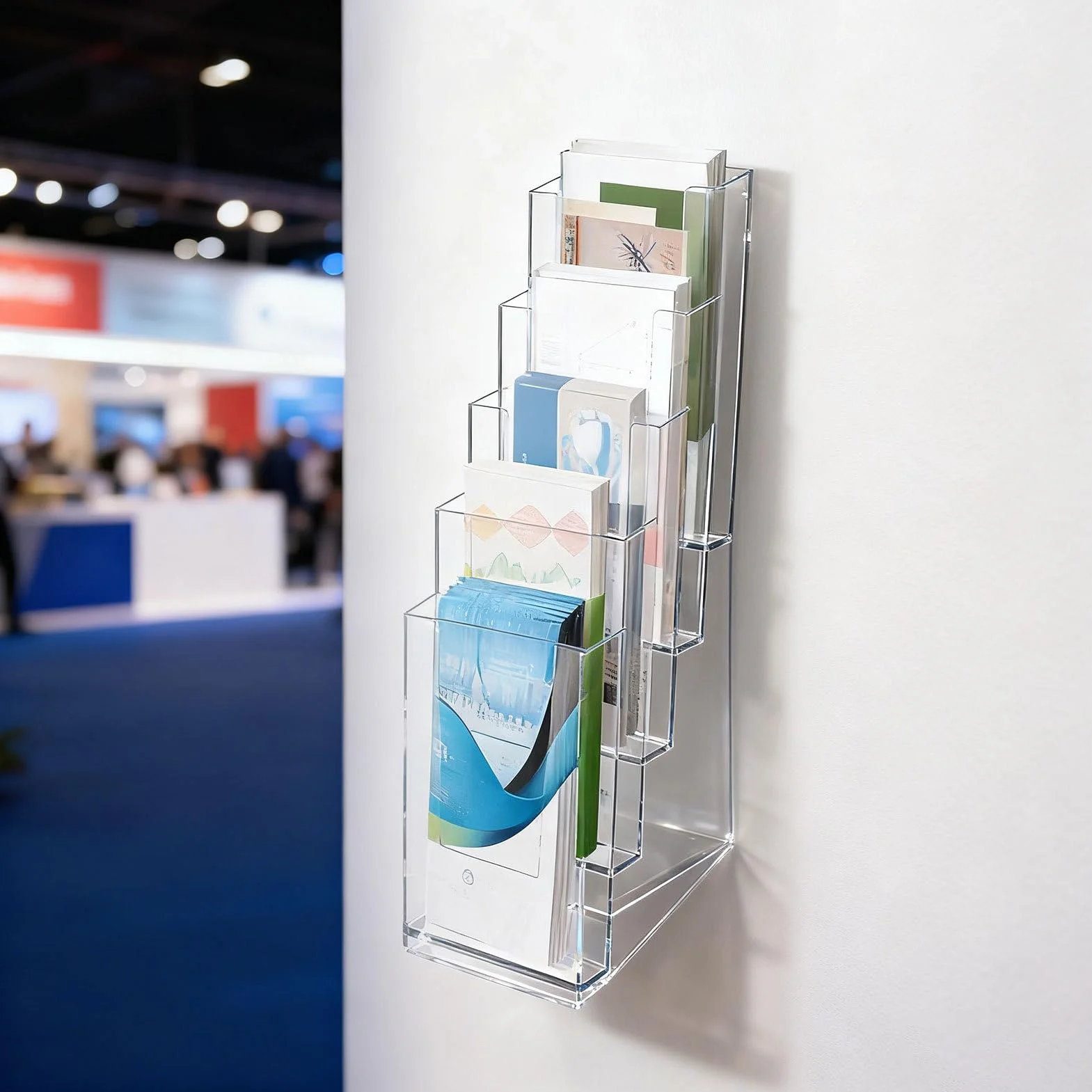Porta opuscoli – organizer trasparente a 5 ripiani in acrilico – Espositore per brochure | per cartoline, documenti, poster, bancone, tavolo, ufficio, reception, , scuola, biblioteca