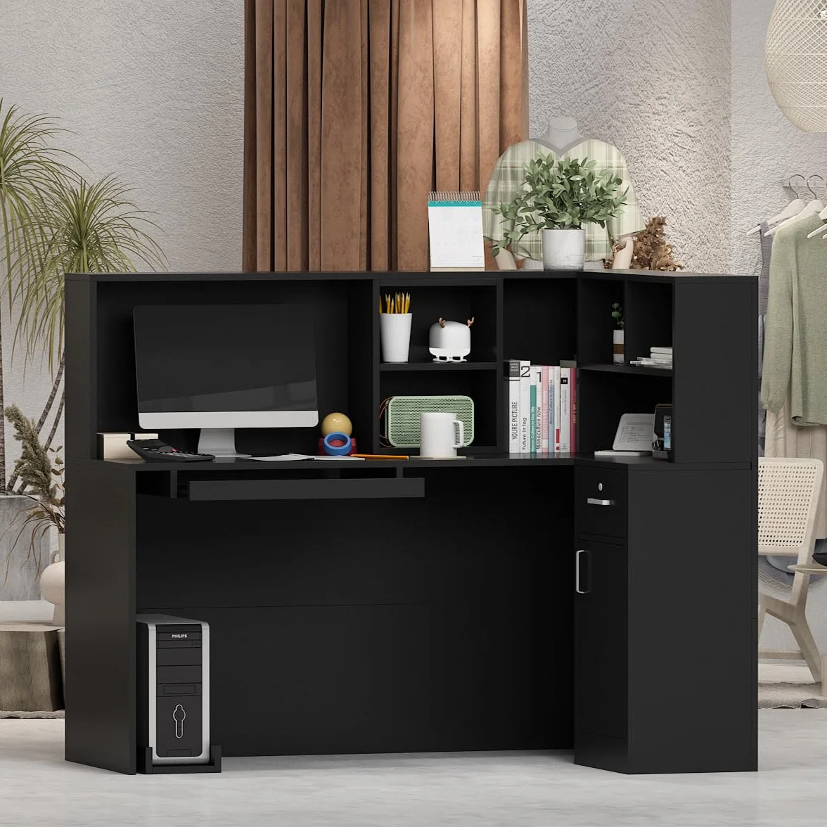 Banco reception, banco reception, tavolo da reception con vassoio per computer e ripiano rimovibile, banco reception con 1 cassetto e 1 armadio, banco reception, MDF, 140 x 80 x 120 cm