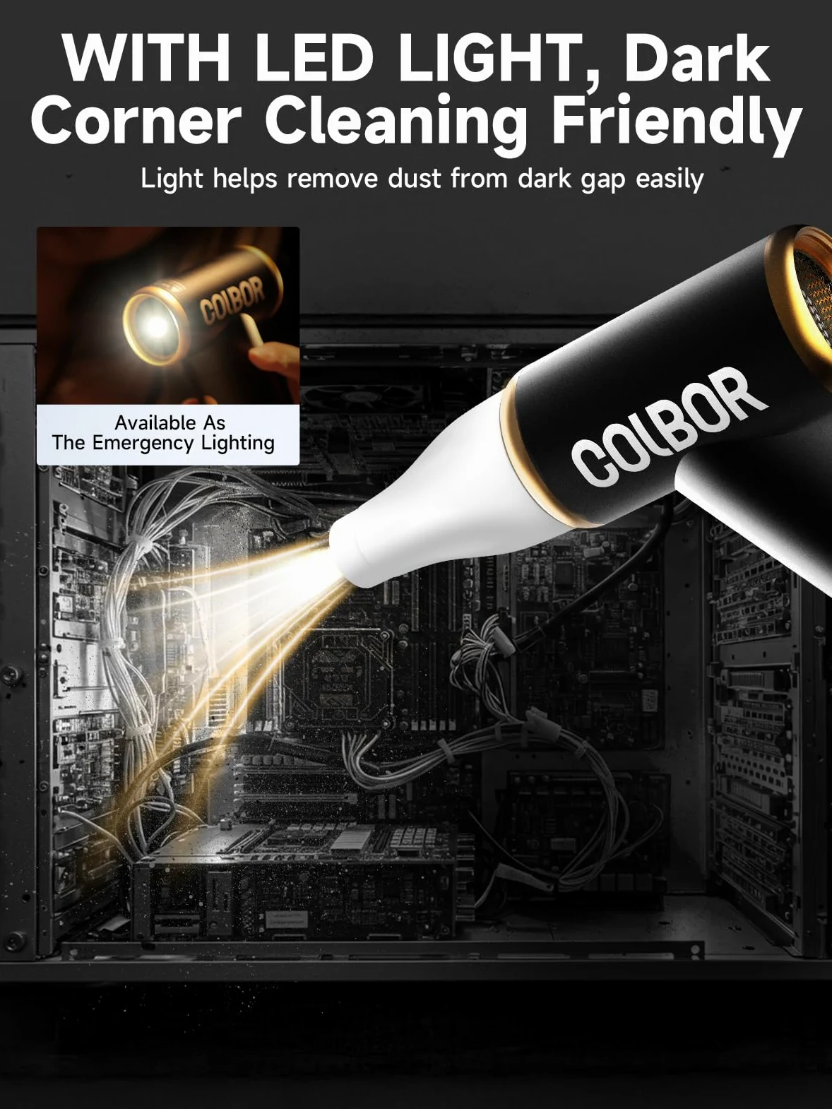 Colbor AirMaxx A1 - Soffiatore d'aria elettrico, 10000 giri/min, senza fili, con luce LED e ugello, pulitore ad aria compressa ricaricabile, per tastiera PC, spolverino ad aria compressa