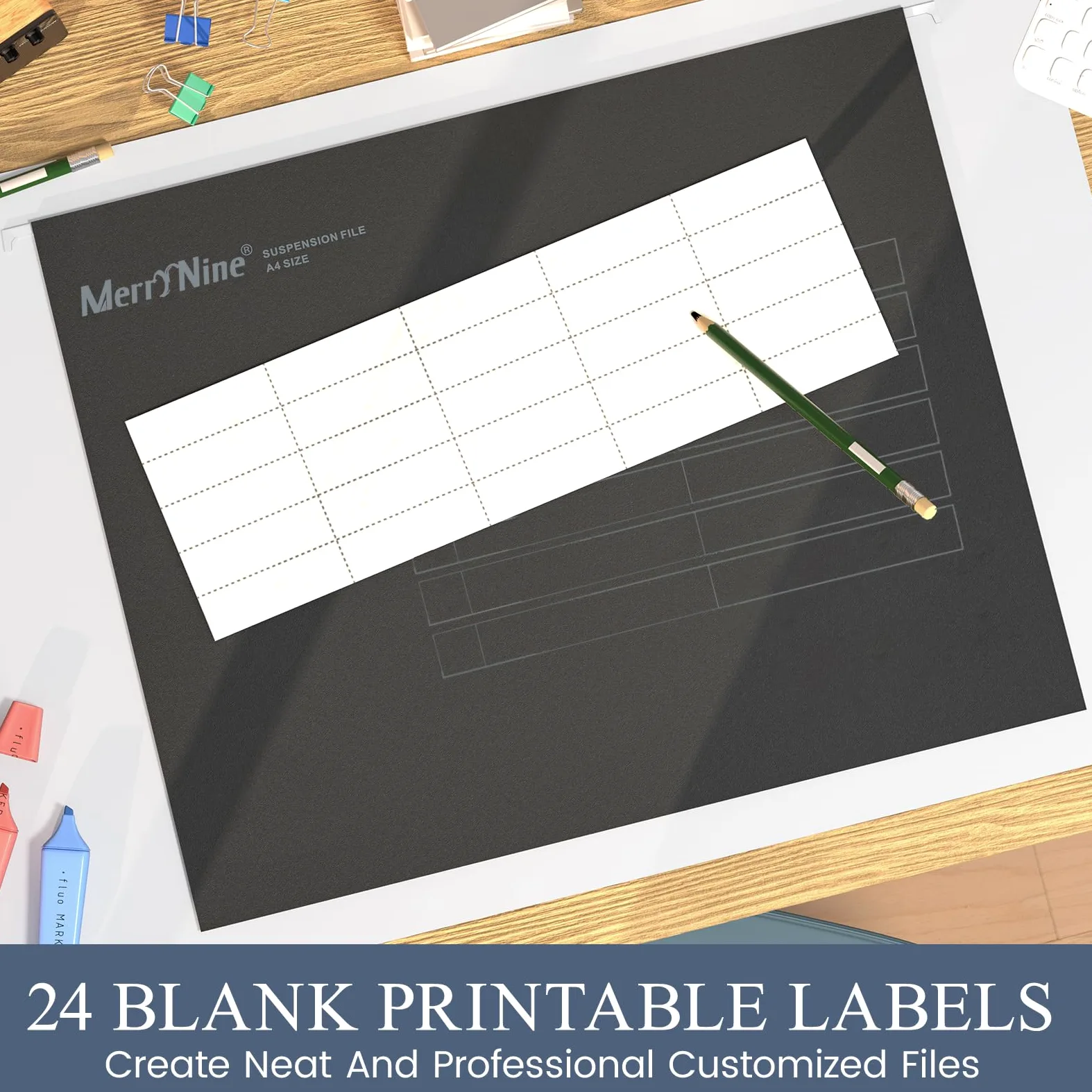 MerryNine 24 cartelle sospese in formato A4, formato A4, con linguette e inserti per schede, per scuola, casa, lavoro, ufficio, organizzazione (nero)