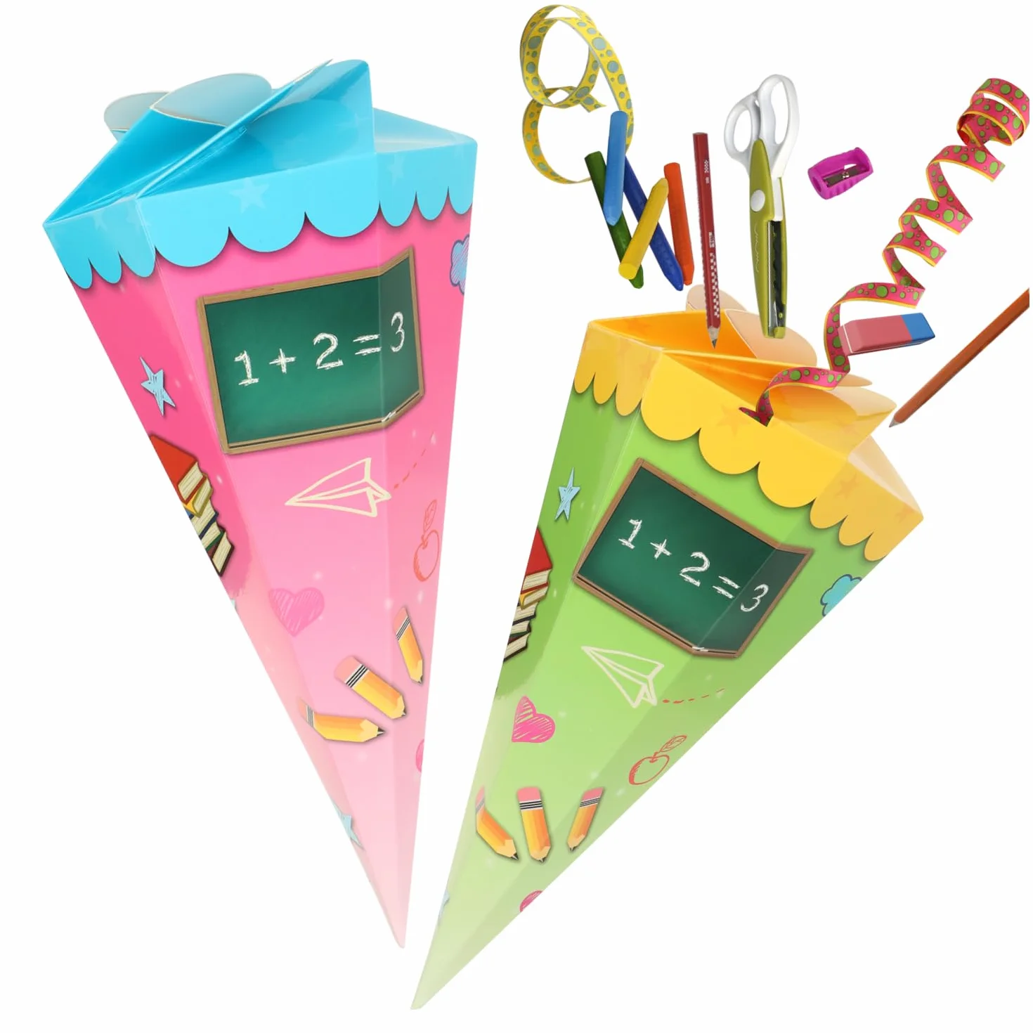 com-four® Mini Coni Scuola 30 cm – Coni in Cartone per Inizio Scuola (2 Giallo-Verde/Blu-Rosa)