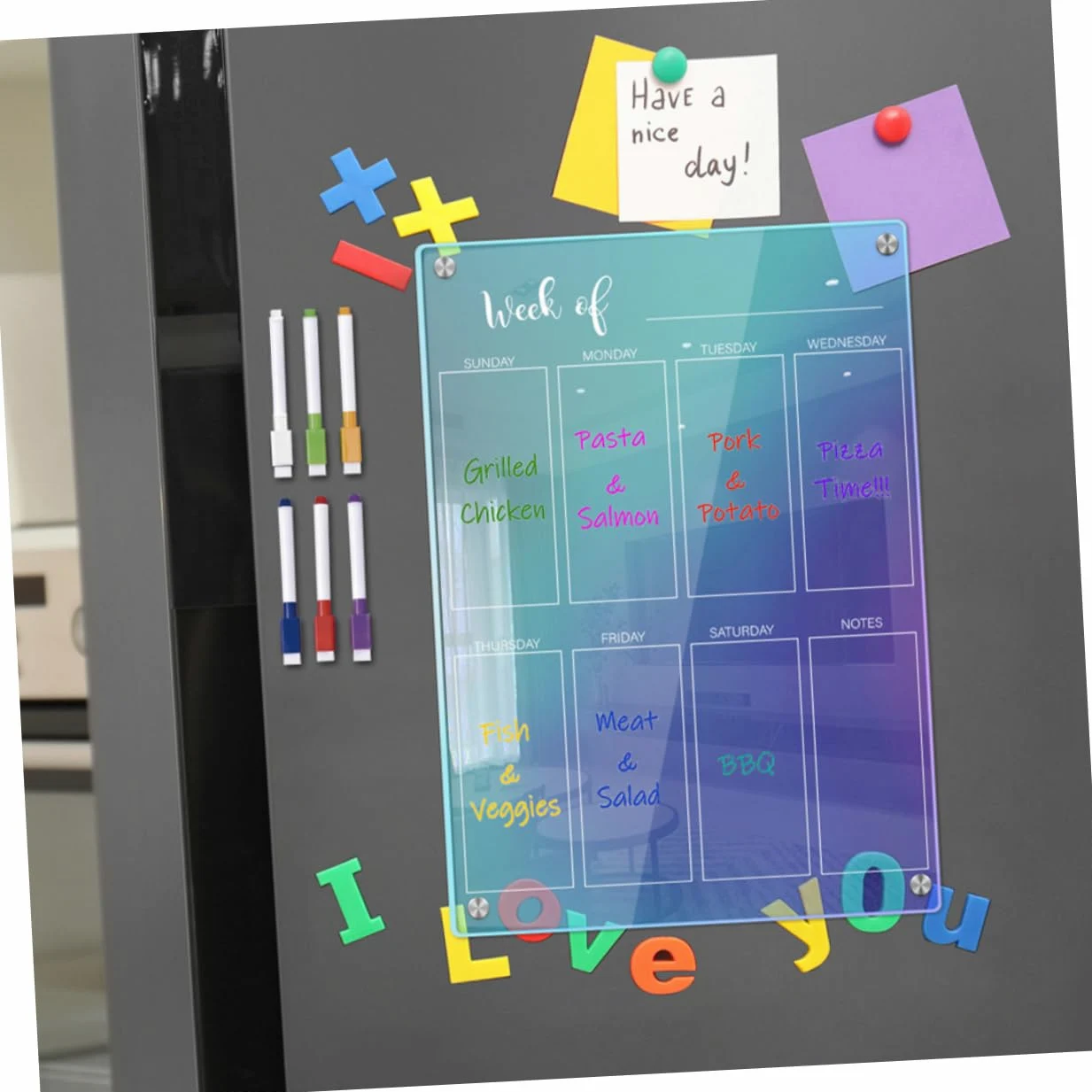 OSALADI 1 Set Set di penna di blocco note frigorifero calendario magnetico agenda settimanale magnetica Consiglio di pianificazione giornaliero lavagna magnetica trasparente Acrilico