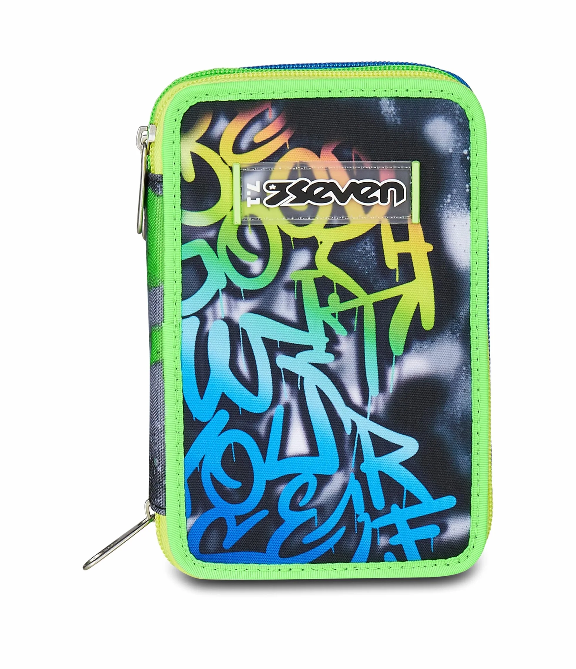 Seven Astuccio Scuola 3 Zip Nero Verde Portapenne Triplo Scomparto Completo