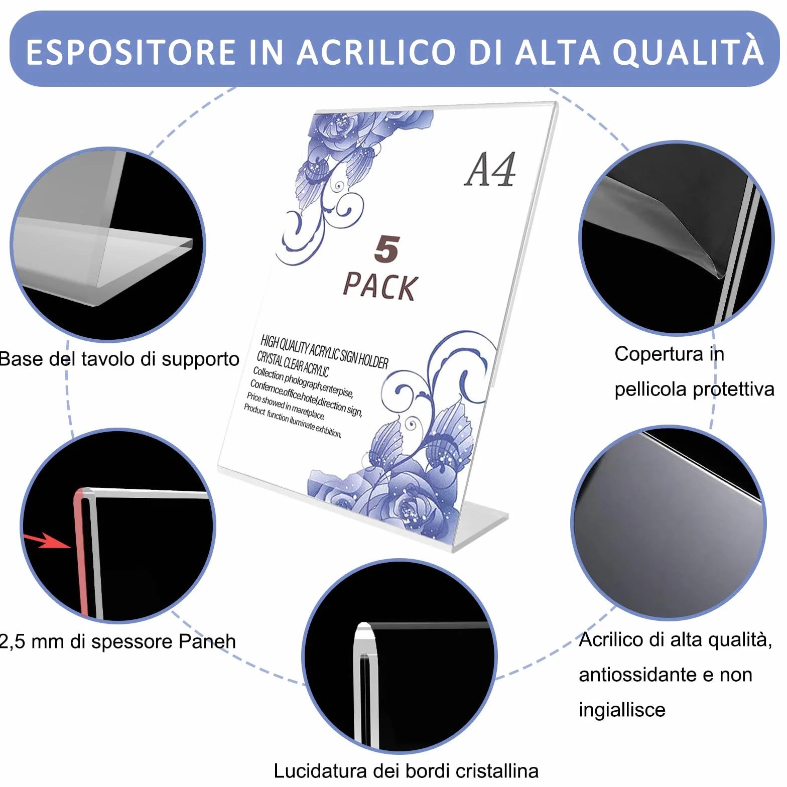 Flow fire Set di Espositore, Espositore Pubblicitario Forma di L, Acrilico Trasparente Cavalletto da Tavolo, Supporto per Menu (A4-L-5)