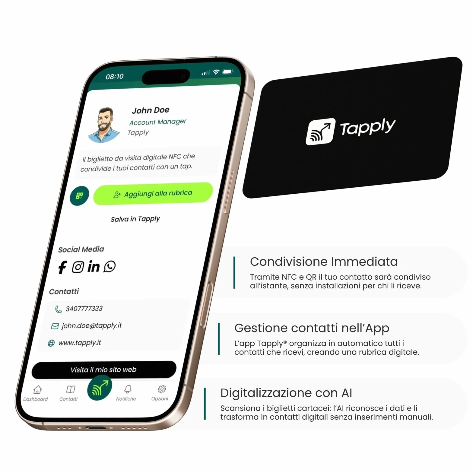 Biglietto da Visita Digitale NFC QR Code Compatibile Android iOS Profilo Aggiornabile Online Nero