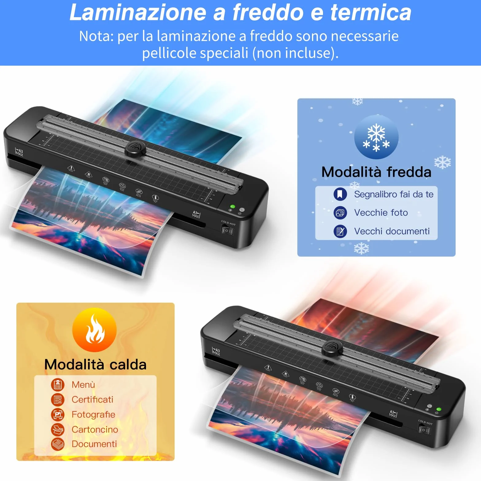 Plastificatrice A3 con sistema ABS anti-inceppamento con 30 fogli per A3 A4 A5 A6 - Versatile plastificatrice a freddo per ufficio, casa e scuola