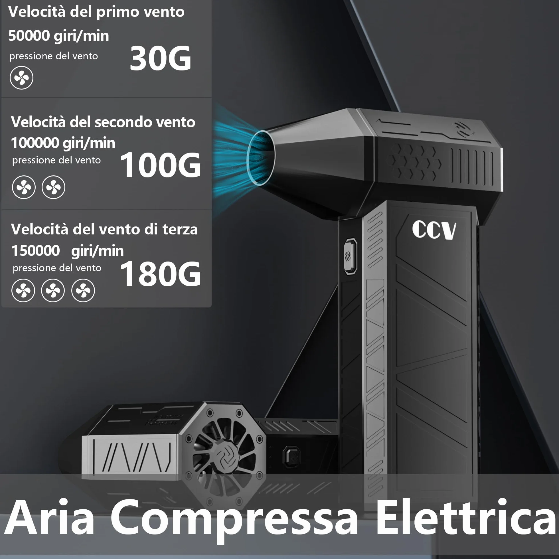 CCV Soffiatore Aria Compressa - 150000RPM Spolverino ad aria compressa la pulizia di tastiera e PC 3 ingranaggi regolabile Cordless Jet Dry Blower soffiatore d'aria per auto e casa (ferroso)
