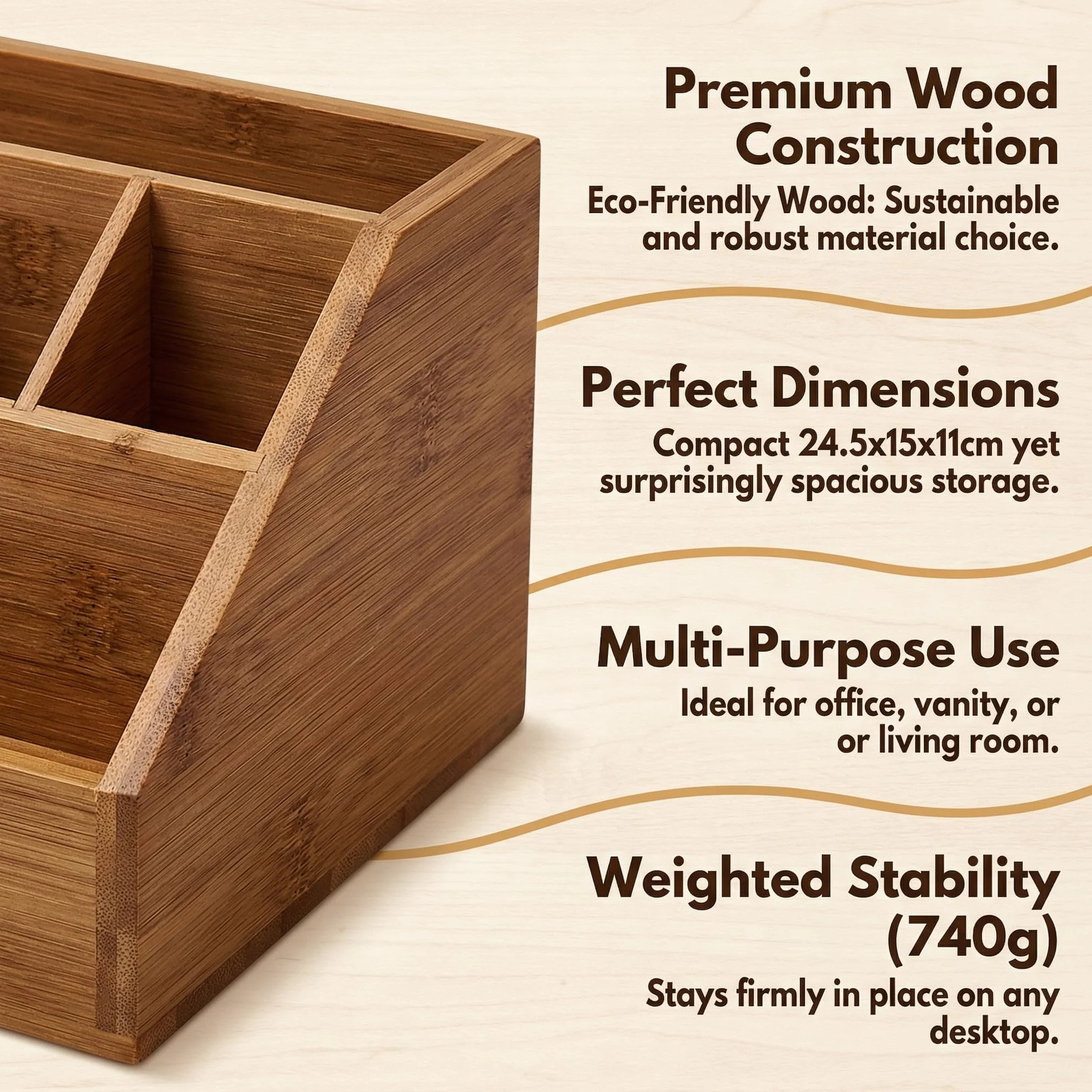 Organizer da scrivania in legno, 24,5 x 15 x 11 cm, con 7 scomparti e cassetto, con telecomando, portapenne, organizer da scrivania, per ufficio e casa
