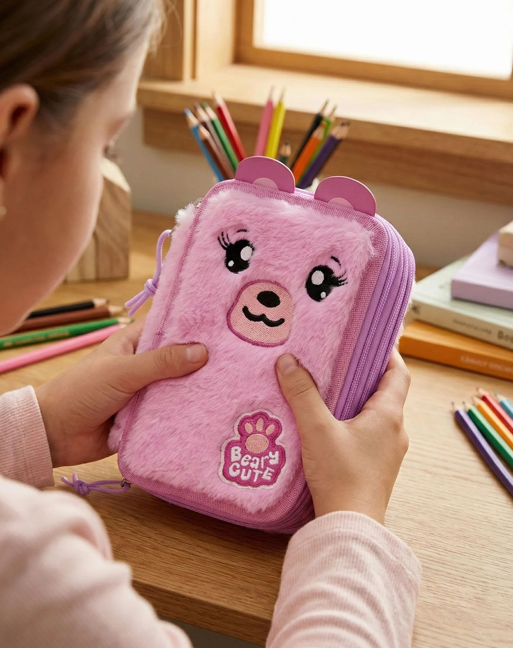 Julian Ross Astuccio 3 Scomparti Fluffy 45 Pezzi, Penne Gel Cancellabili, Colla, Forbici, Pastelli 4.0, 3 Zip, Bambina, Scuola, Orsetto Rosa