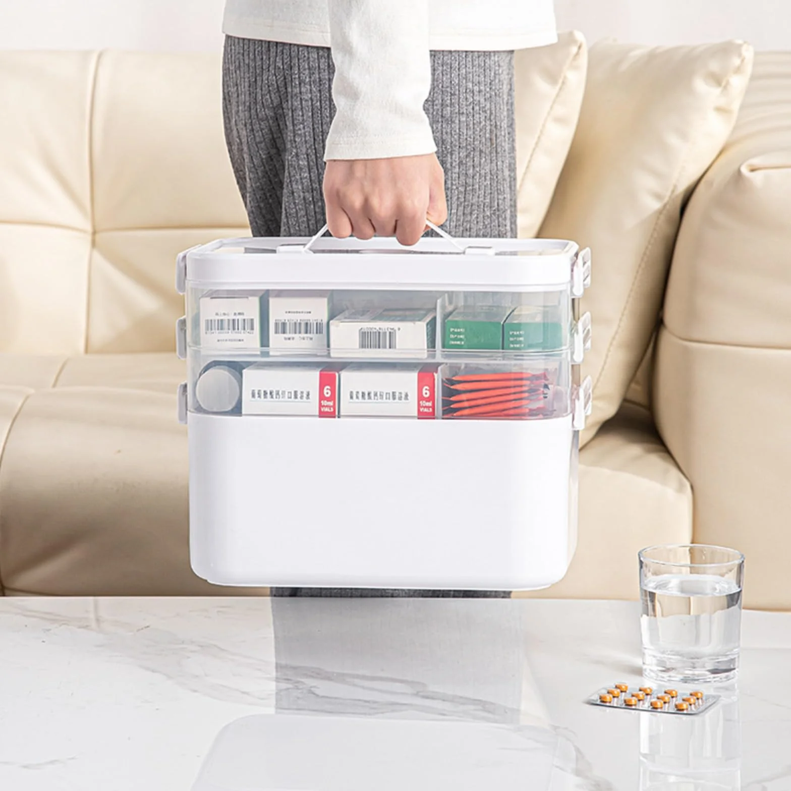 Generico Scatola per medicinali a più strati e grande capacità organizzatore di stoccaggio classificazione trasparente con maniglia portatile medica domestica robusta rinforzata