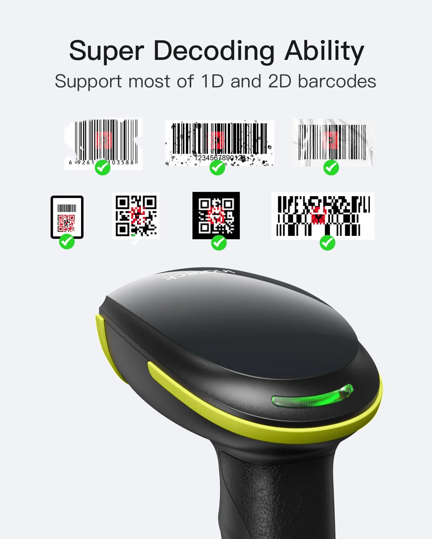 Inateck 2D Lettore Barcode Wireless con Supporto Intelligente, Lettore Codice a Barre Bluetooth, Barcode Scanner con App e SDK, Pistola Barcode con Batteria da 2600mAh, BCST-35