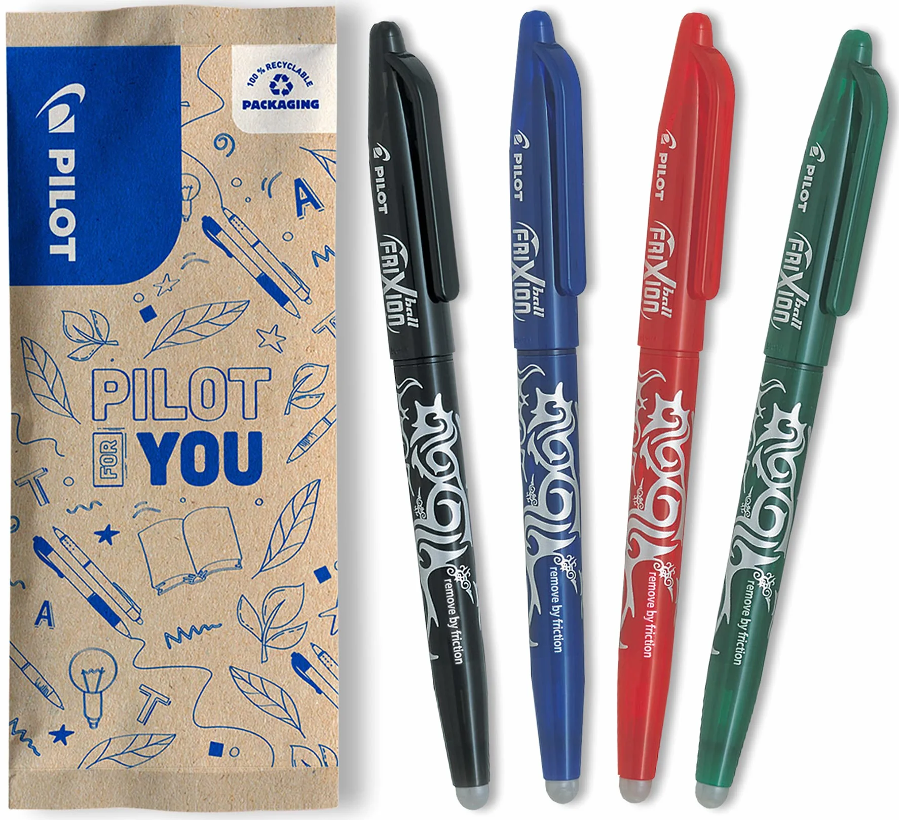 PILOT Frixion Ball Set 4 Penne Cancellabili Termosensibili Roller Ricaricabili Tratto Medio Nero Blu Rosso Verde