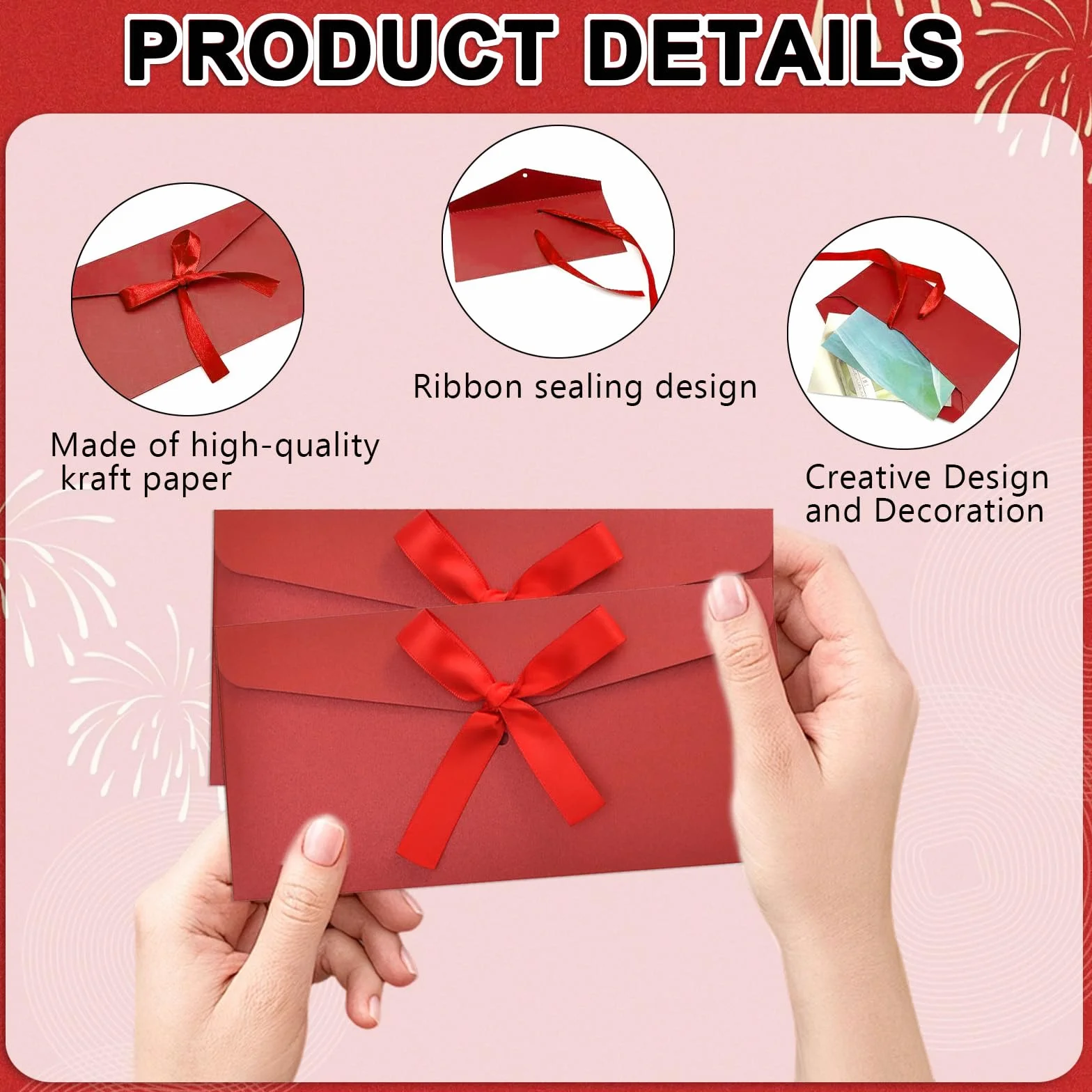 Buste Regalo in Carta Kraft Retro Rosso 22 x 11 cm con Nastro per Biglietti Auguri