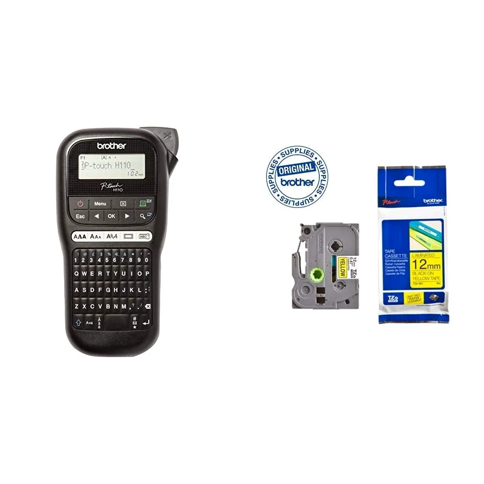 Brother PT-H110 Etichettatrice Palmare per Casa e Ufficio, fino a 12 mm + Nastro Laminato TZE631, 12 mm, Nero su Giallo