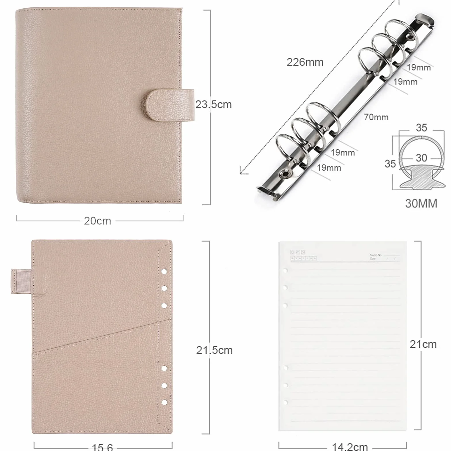 Moterm A5 Luxe Raccoglitore con Anelli - Organizer in Vero Cuoio (Ghiaia-Taupe, Anello da 30mm)