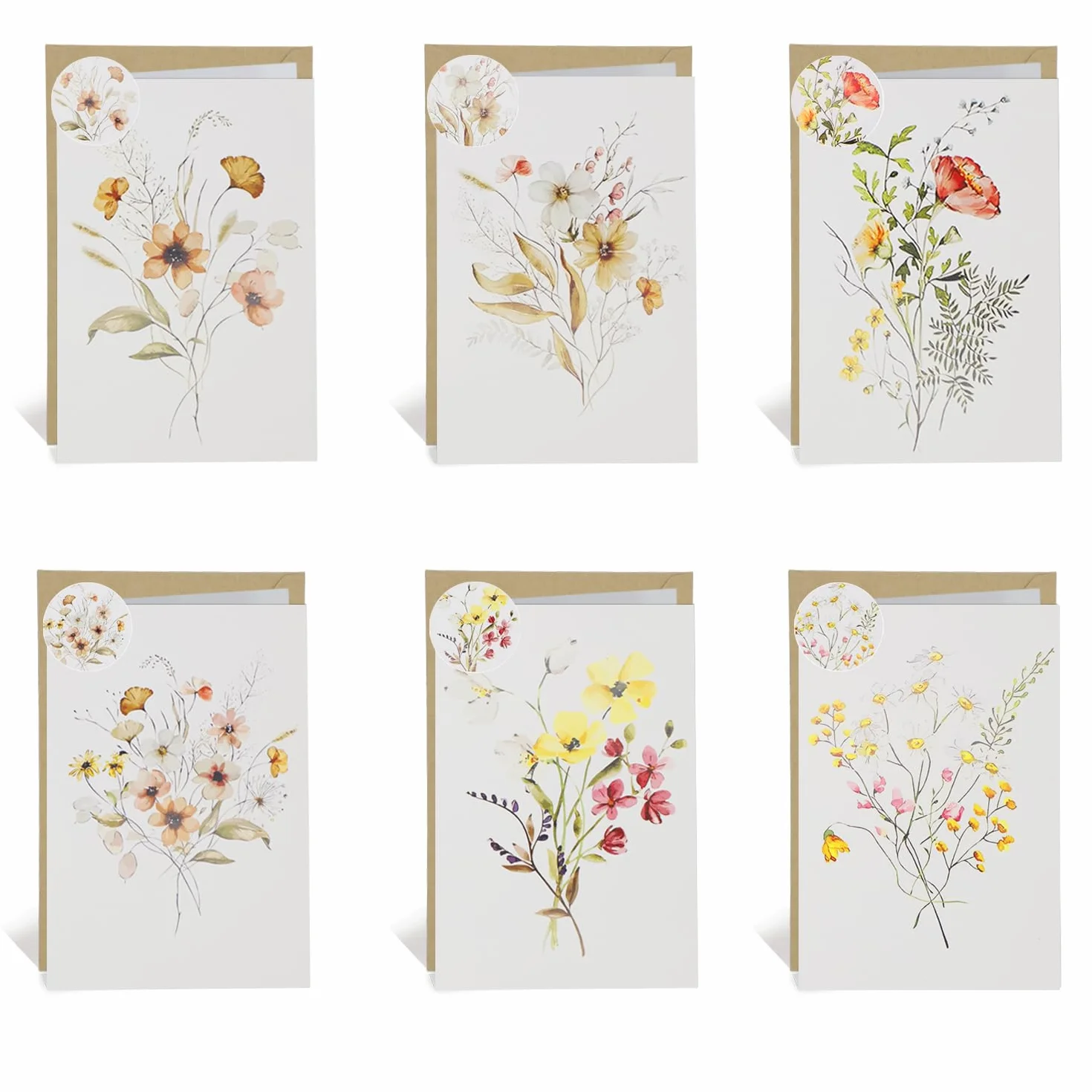 ALLY-MAGIC Set di 6 biglietti di ringraziamento A6 con buste e adesivi bouquet fiori selvatici