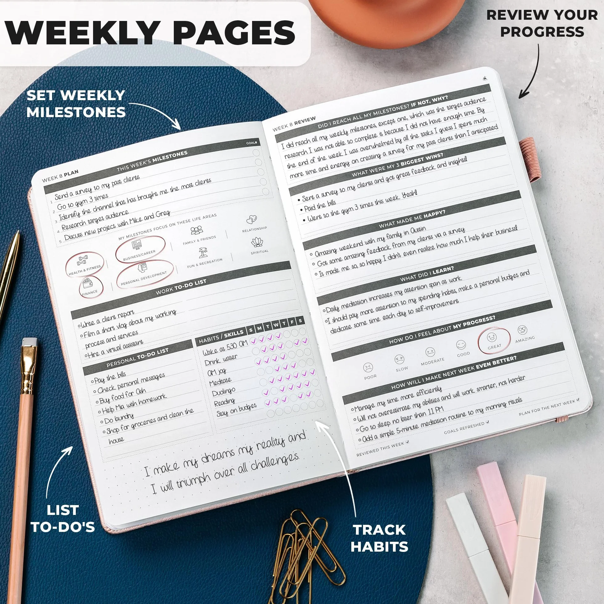 Clever Fox Ultimate Achiever's Goal Planner – Diario di 90 giorni Focus & Productivity. Agenda giornaliera settimanale mensile e agenda oraria, senza data, copertina rigida, formato A5, oro rosa
