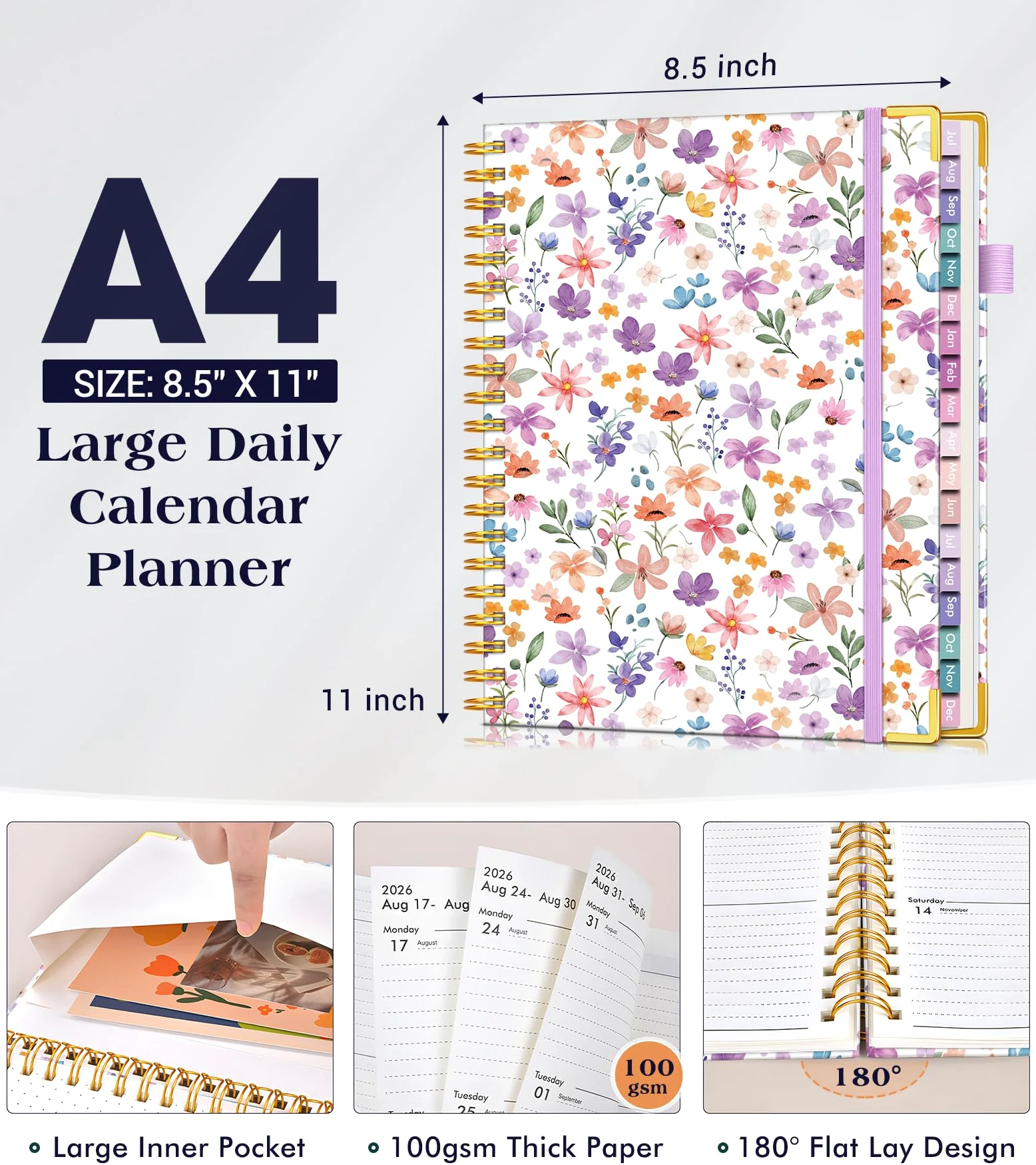 Agenda accademica 2026-2027, 18 mesi settimanale e mensile, con copertina rigida, da luglio 2026 a dicembre 2027, 21,6 x 27,9 cm, formato A4, grande calendario giornaliero con linguette, agenda
