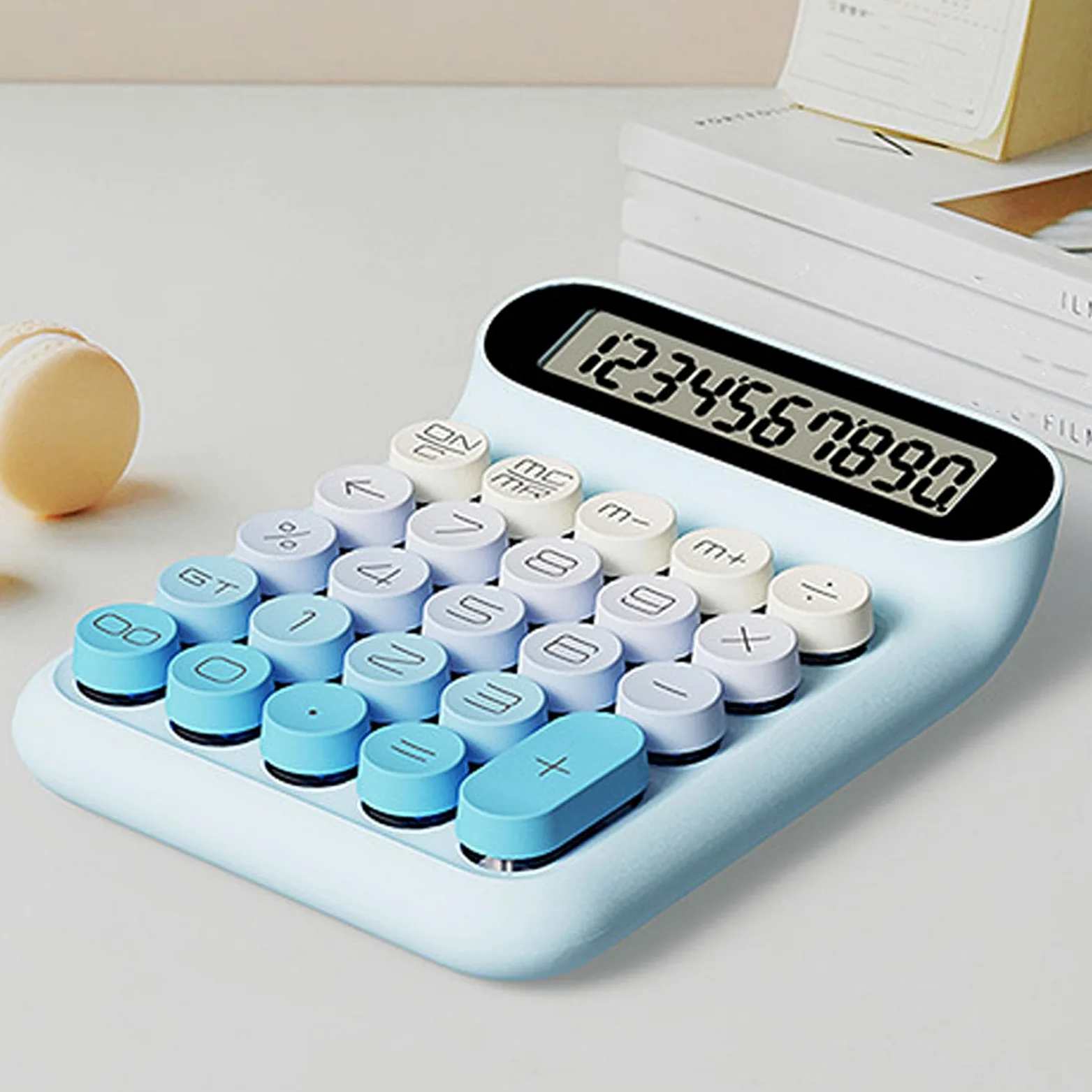 Calcolatrice con Interruttori Meccanici, Simpatica Calcolatrice con Ampio Display LCD a 10 Cifre, Simpatica Calcolatrice da Tavolo a 24 Tasti con Cuscinetti Antiscivolo per (BLUE)