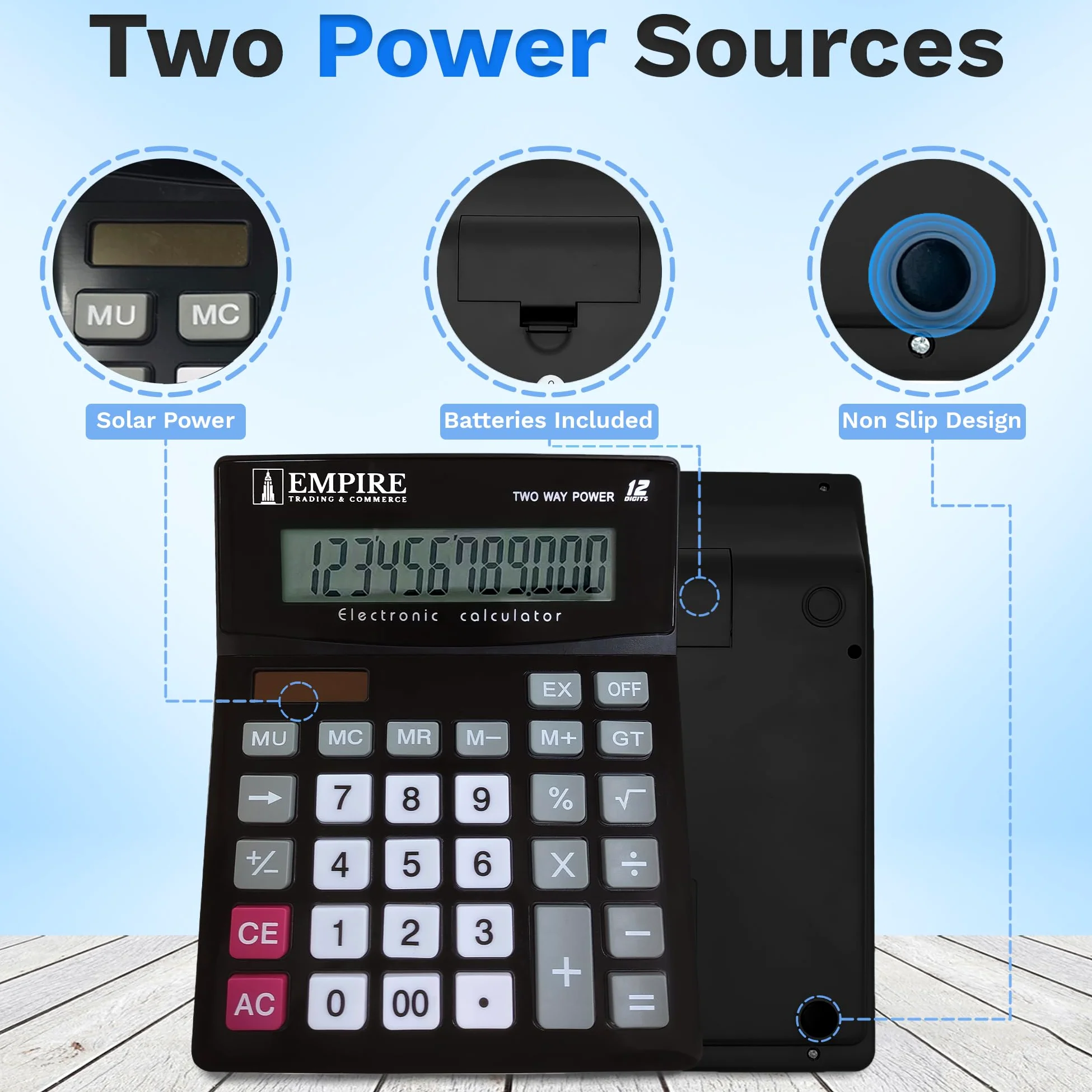 Empire - Calcolatrice da tavolo con tasti grandi, 12 cifre, ampio display angolato, a energia solare e a batteria, per casa e ufficio (batteria inclusa)