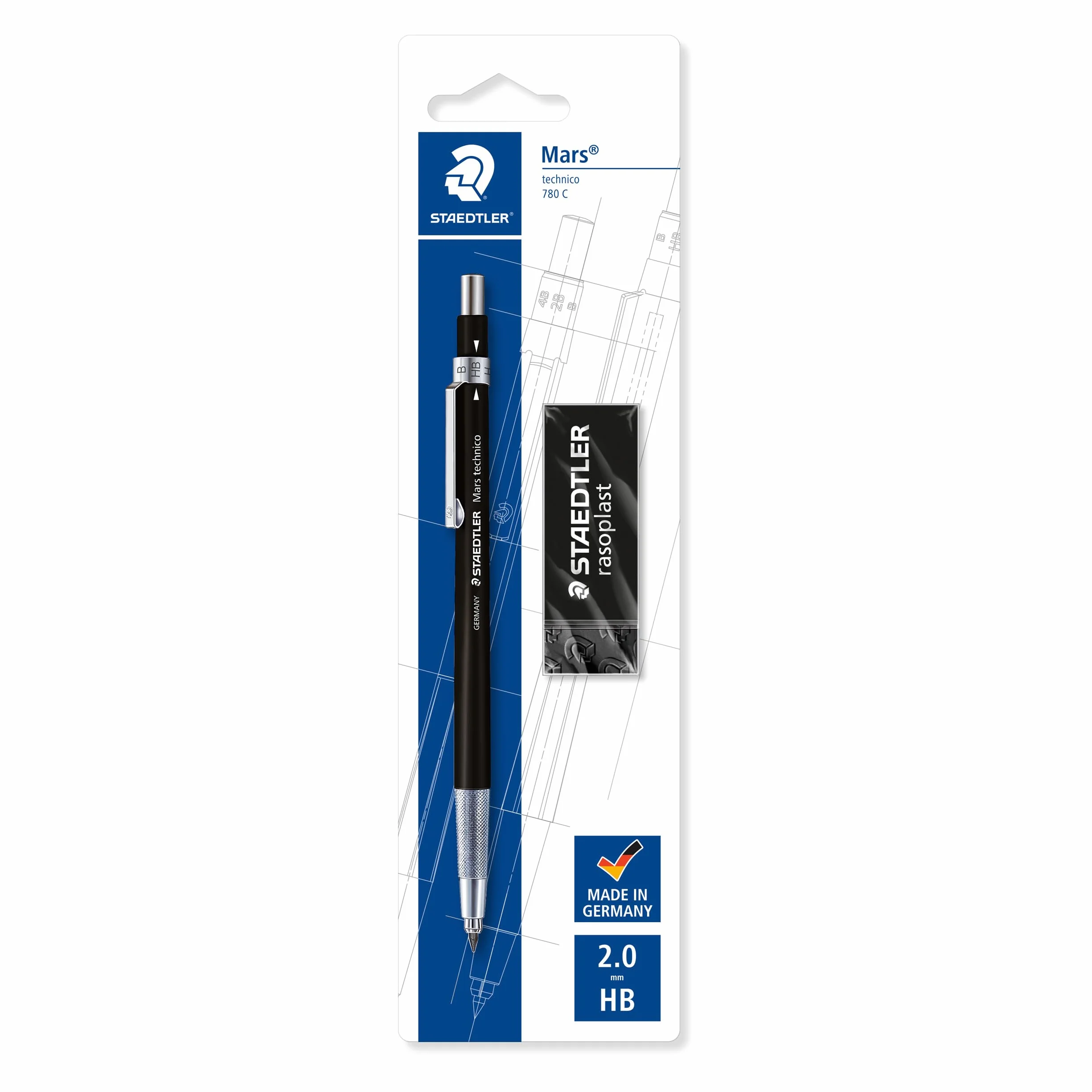 Staedtler Mars Technico Portamine 2mm con Temperamine Integrato e Gomma da Cancellare, Set Matita Meccanica
