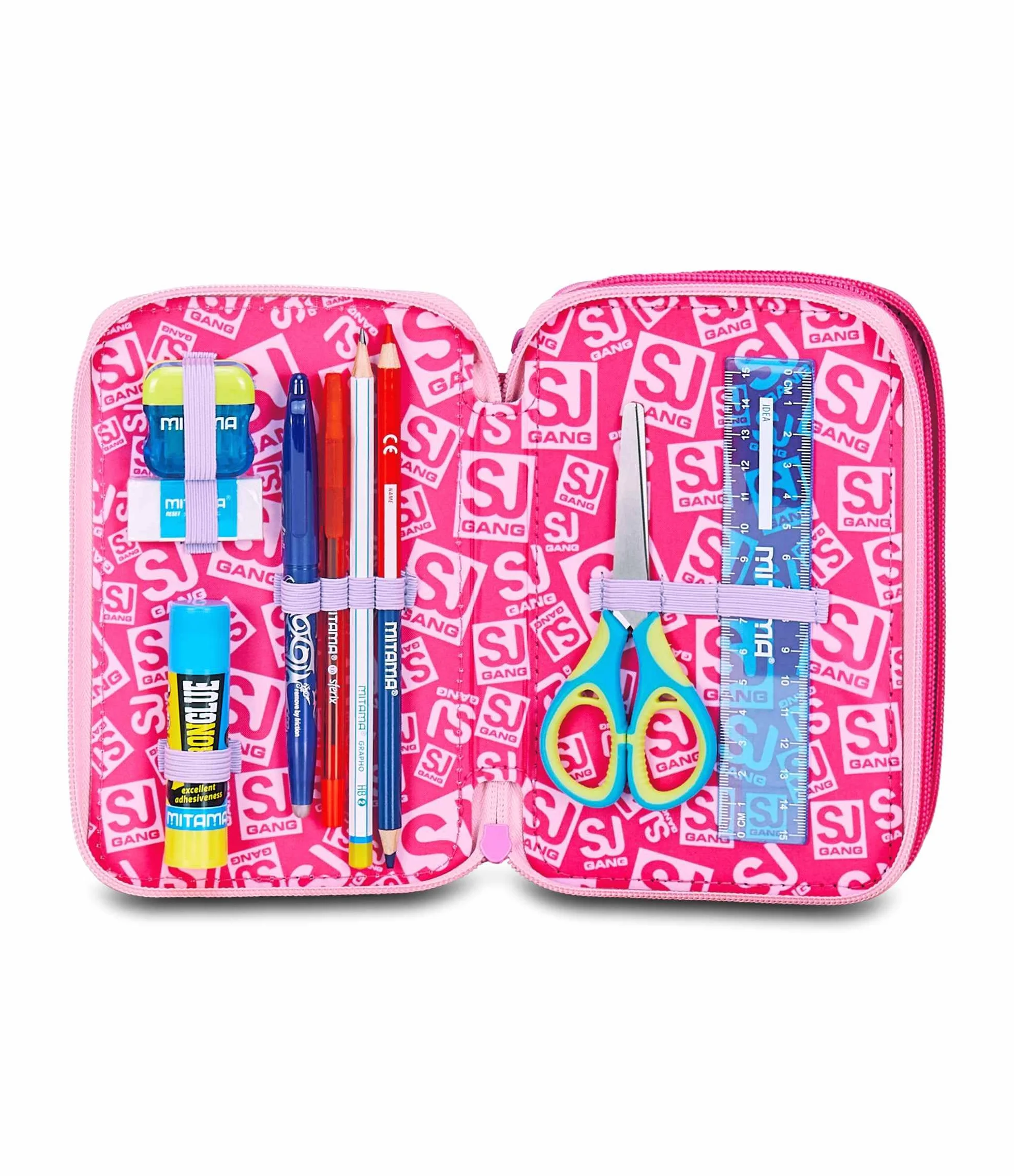SJ GANG STYLE JAM GANG Astuccio Scuola 3 Zip, Fucsia, Portapenne Triplo Scomparto Completo Di Penne, Matite, Colori, Accessori Zaino, Scuola Elementare, Bambina