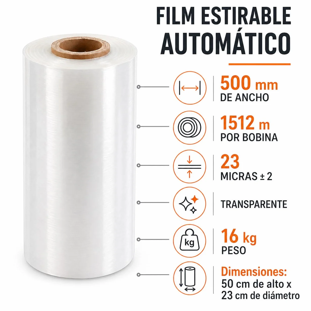Film estensibile automatico trasparente 500 mm x 1512 m - Bobina industriale 16 kg - 23 micron ±2 - Plastica Stretch Film per enfardatrice automatica, pallettizzazione, imballaggio e logistica