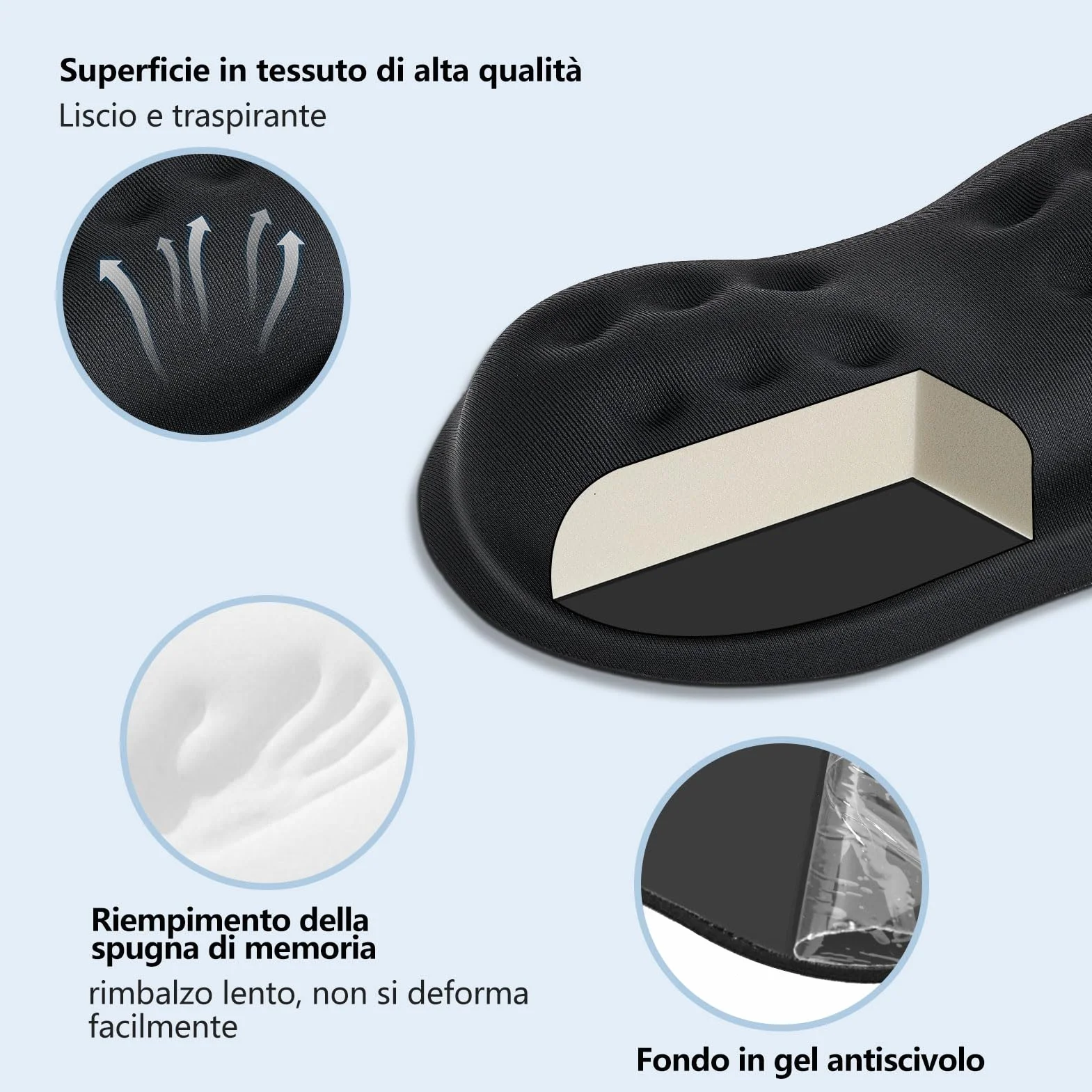 Poggiapolsi Mouse in Memory Foam Ergonomico Antiscivolo Nero