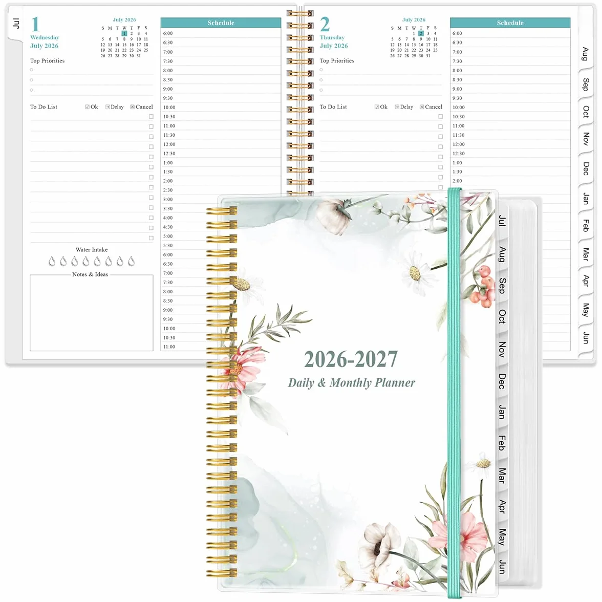 Agenda giornaliera 2026 con pagina intera al giorno - Agenda giornaliera e mensile 2026 da gennaio 2026 a dicembre 2026, planner giornaliero 2026 con 12 mesi di tabelle, 21,6 x 27,9 cm, fiori rosa