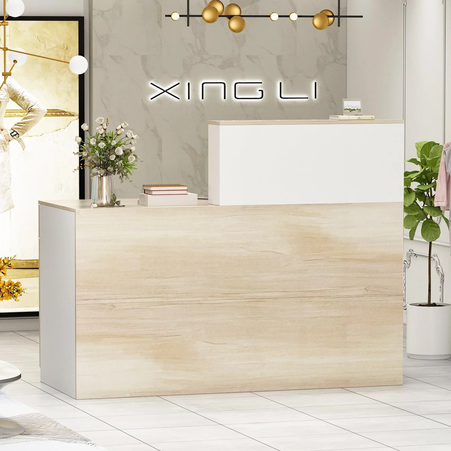 bancone reception, mobile da ufficio in legno e bianco, 140 x 60