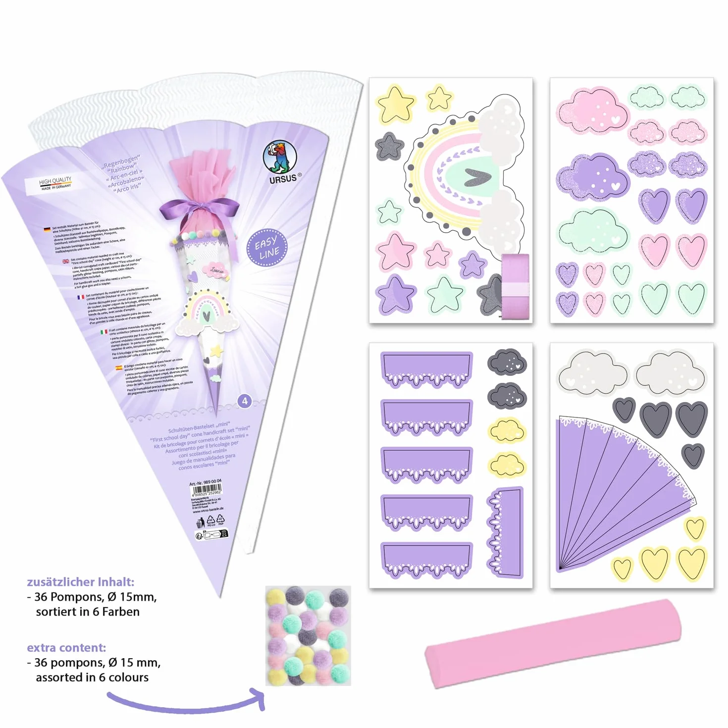 Ursus Easy Line Mini Cono Scuola Arcobaleno Viola 6 Lati Cartone Ondulato 3D pretagliato 41 cm 15 cm