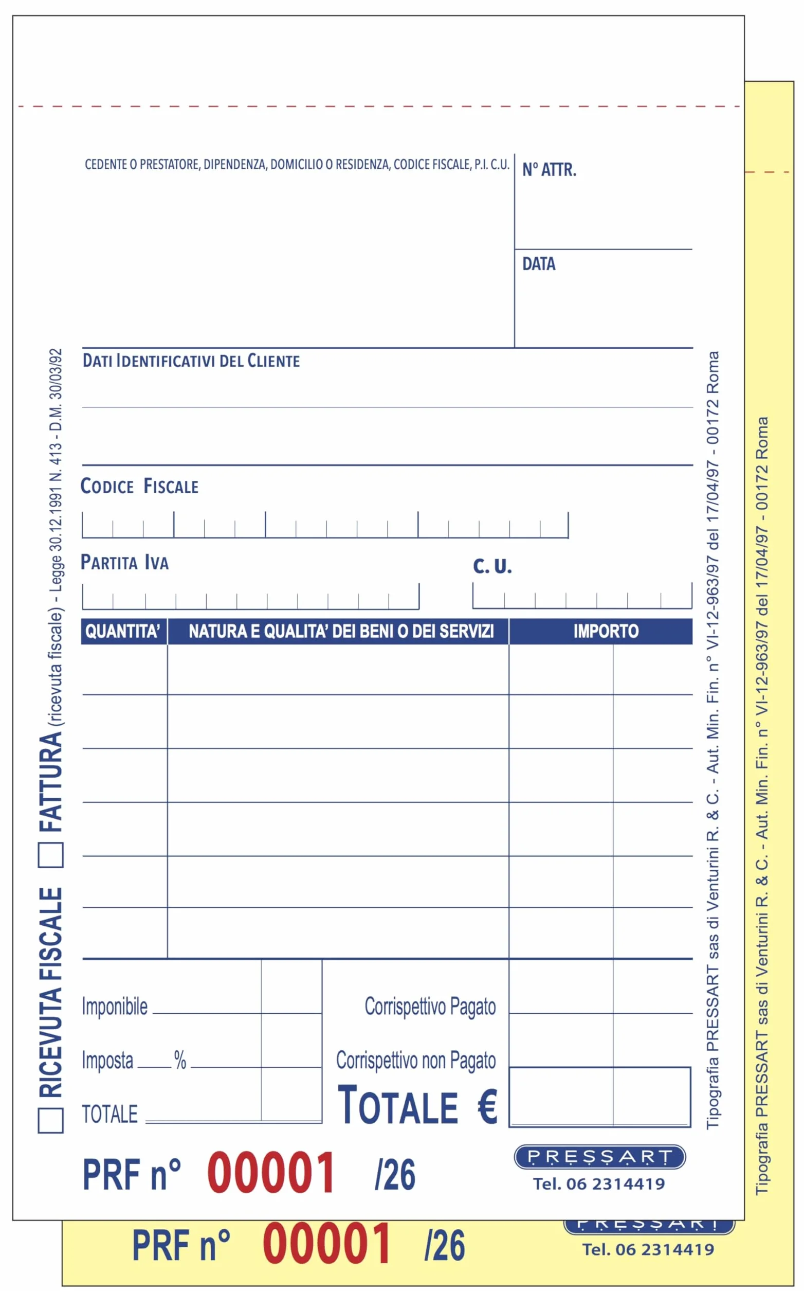 Pressart - Ricevute Fiscali - Fatture - 5 Blocchi da 50 x 2-250 Ricevute Fiscali Aut. Min. Fin. n° VI-12-963/97 del17/04/97
