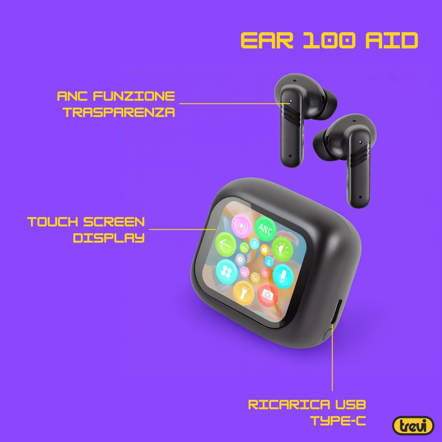 Trevi EAR 100 AID Cuffie Wireless con Traduzione Simultanea AI, ANC/ENC, Display Touch, Audio Hi-Fi, Custodia Ricarica USB-C, Controlli Smart, Nero
