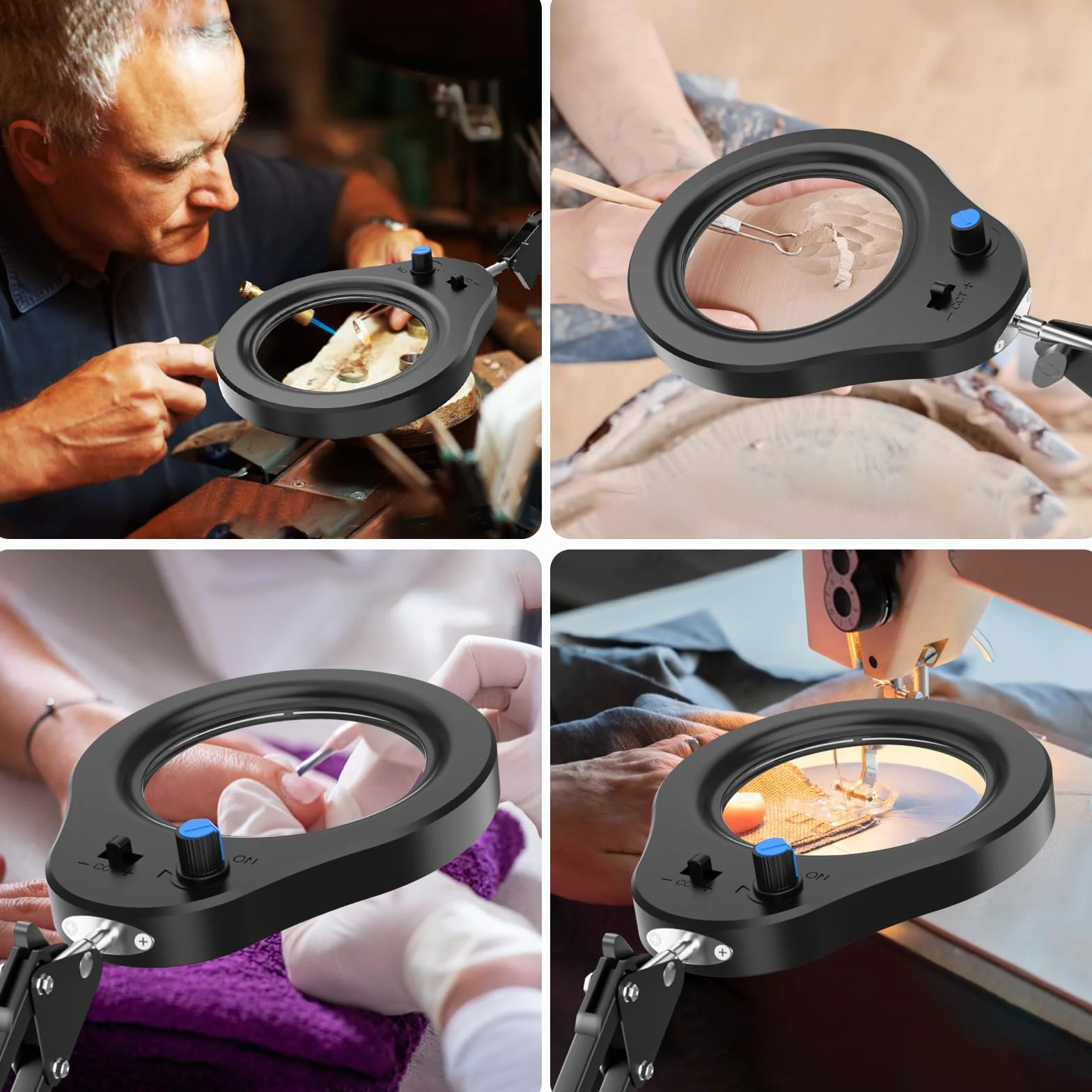 Lampada d'Ingrandimento 15X con Luce, 2 in 1 Base Larga e Clip, 5 Modalità Colore, Collo d'Oca Flessibile