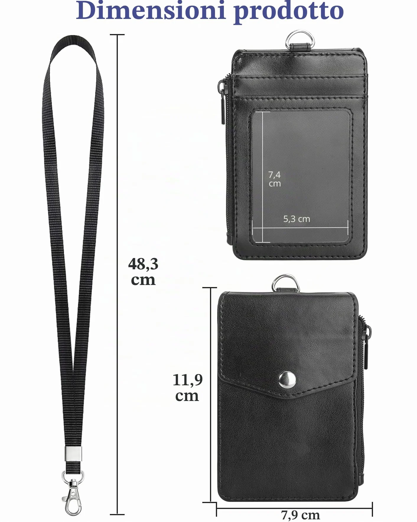 Teskyer Porta Badge da Collo in Pelle PU con Cordino Nylon e Gancio Acciaio Inossidabile, Tasca Cerniera, 1 Finestra ID, 3 Slot Schede