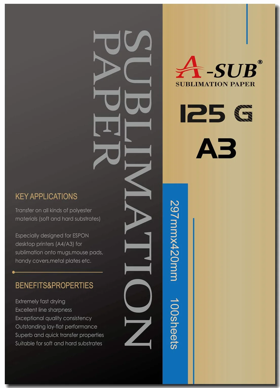 A-SUB Carta per sublimazione 125 g/m² A3 420 x 297 mm 100 fogli compatibile Epson Sawgrass Ricoh Brother