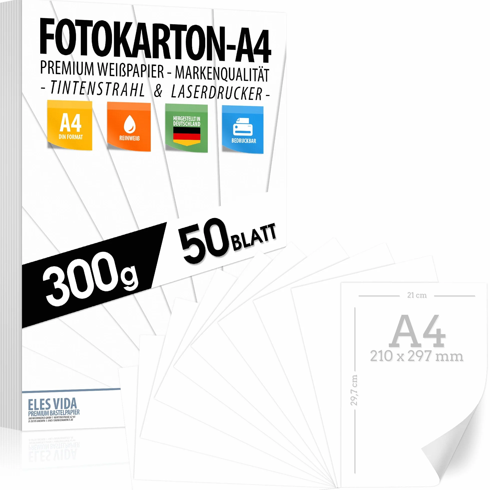 Cartone artigianale bianco premium 300 g/m² DIN A4 50 fogli 21 x 29,7 cm