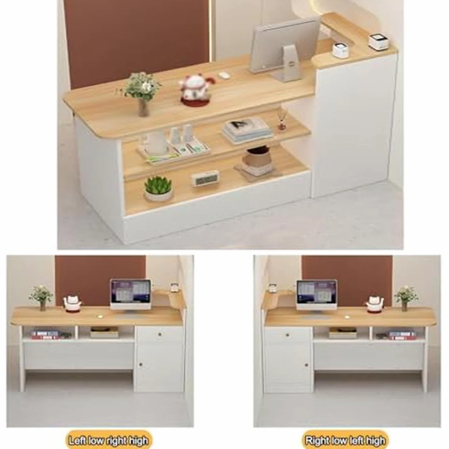 Banco Reception Banco Reception Curvo Alto Ufficio, Banconi Reception Forma L Estetica, Bancone Cassa per Negozio Angolare con Cassetto e Armadio(Walnut/Right,140x100x45cm)
