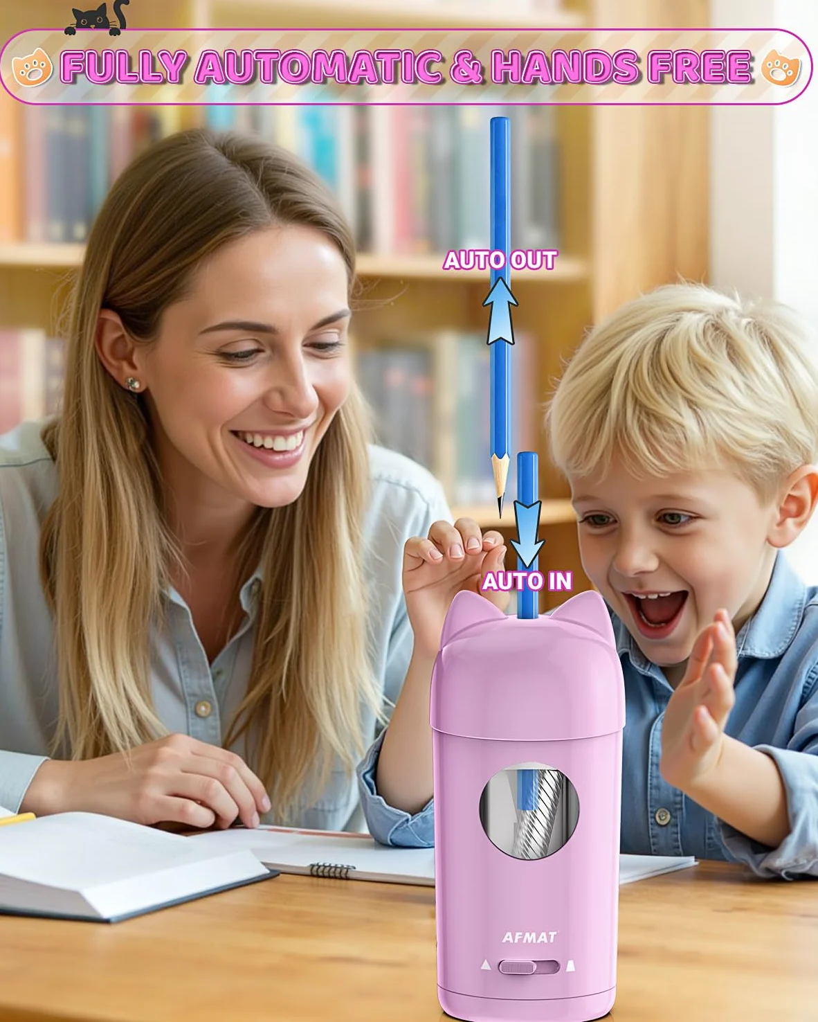 AFMAT Temperamatite elettrico, temperamatite per matite spesse e sottili (7-8 mm), autostop – temperamatite per bambini, ufficio e homeschooling, temperamatite automatico con contenitore di raccolta