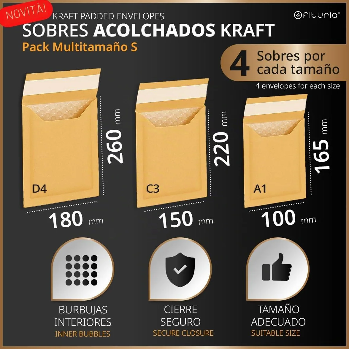 Buste Imbottite per Spedizioni Multiformato Kraft Autoadesive Carta con Pluriball 12 Pz