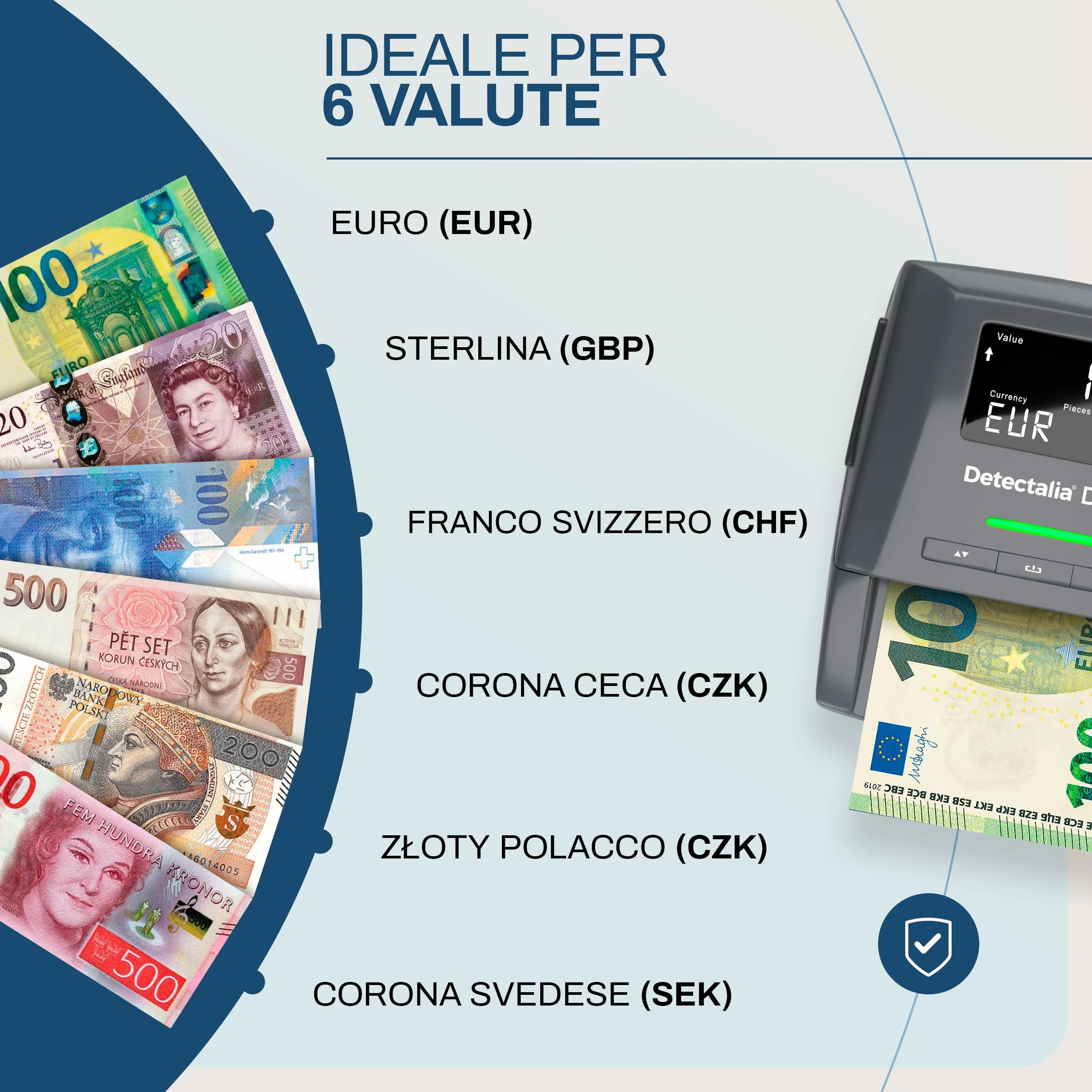 Detectalia D7X - Rilevatore di banconote false con affidabilità al 100% per EUR, GBP, CHF, PLN, CZK e SEK