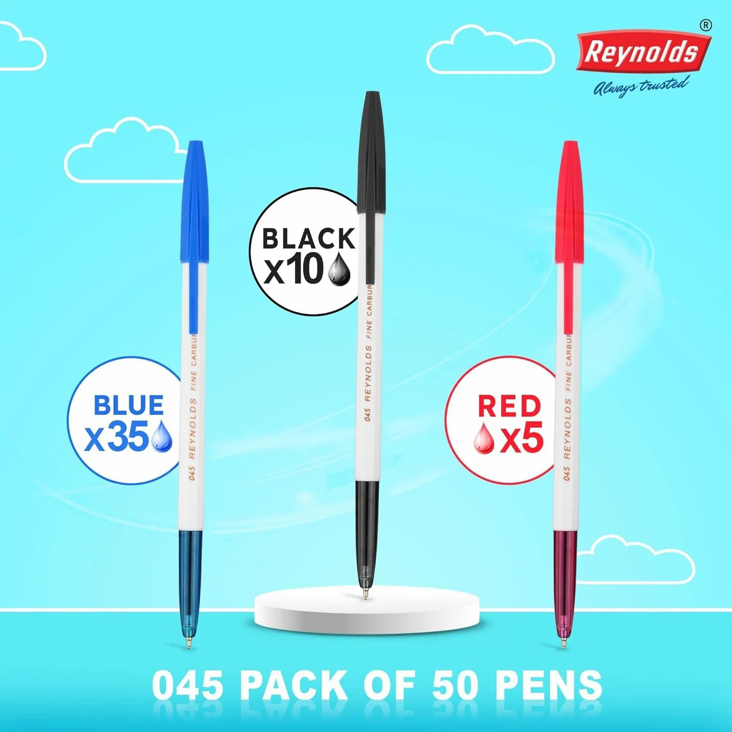 Reynolds Set di penne a sfera 045, 50 penne (35 blu, 10 nere, 5 rosse), penne con impugnatura comoda, penne a sfera per scrivere, penne per studenti e cancelleria da ufficio, dimensioni punta 0,7 mm